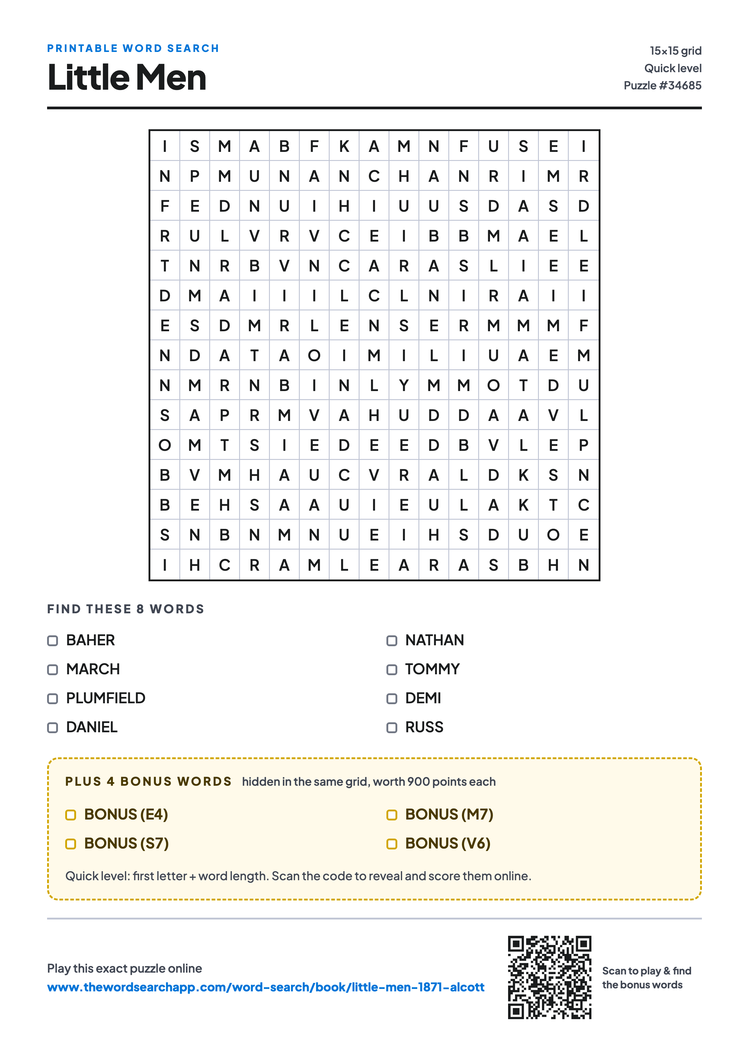 Printable Little Men word search — 15×15 letter grid with 8 words to find including BAHER, MARCH, PLUMFIELD, plus 4 hidden bonus words