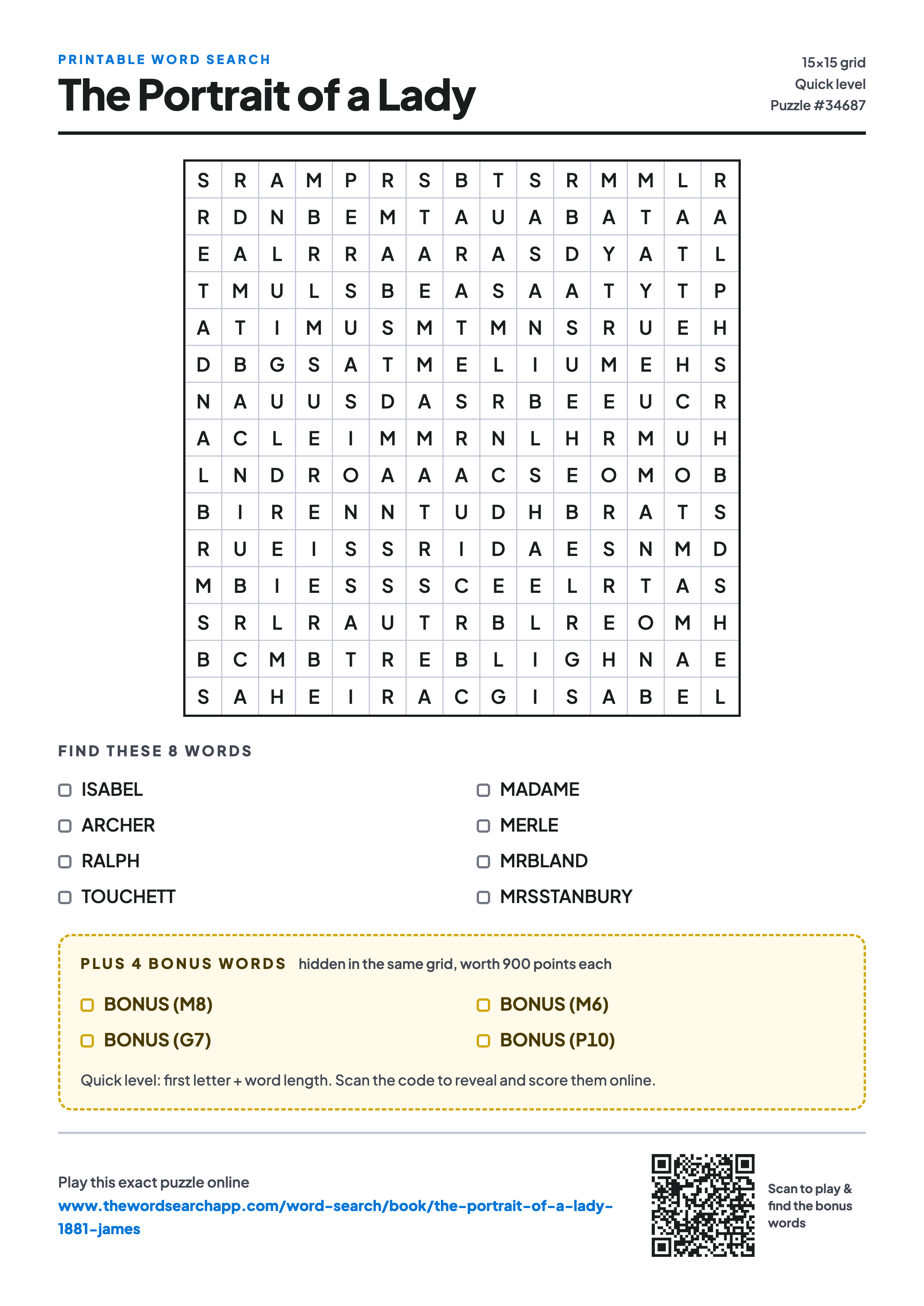 Printable The Portrait of a Lady word search — 15×15 letter grid with 8 words to find including ISABEL, ARCHER, RALPH, plus 4 hidden bonus words