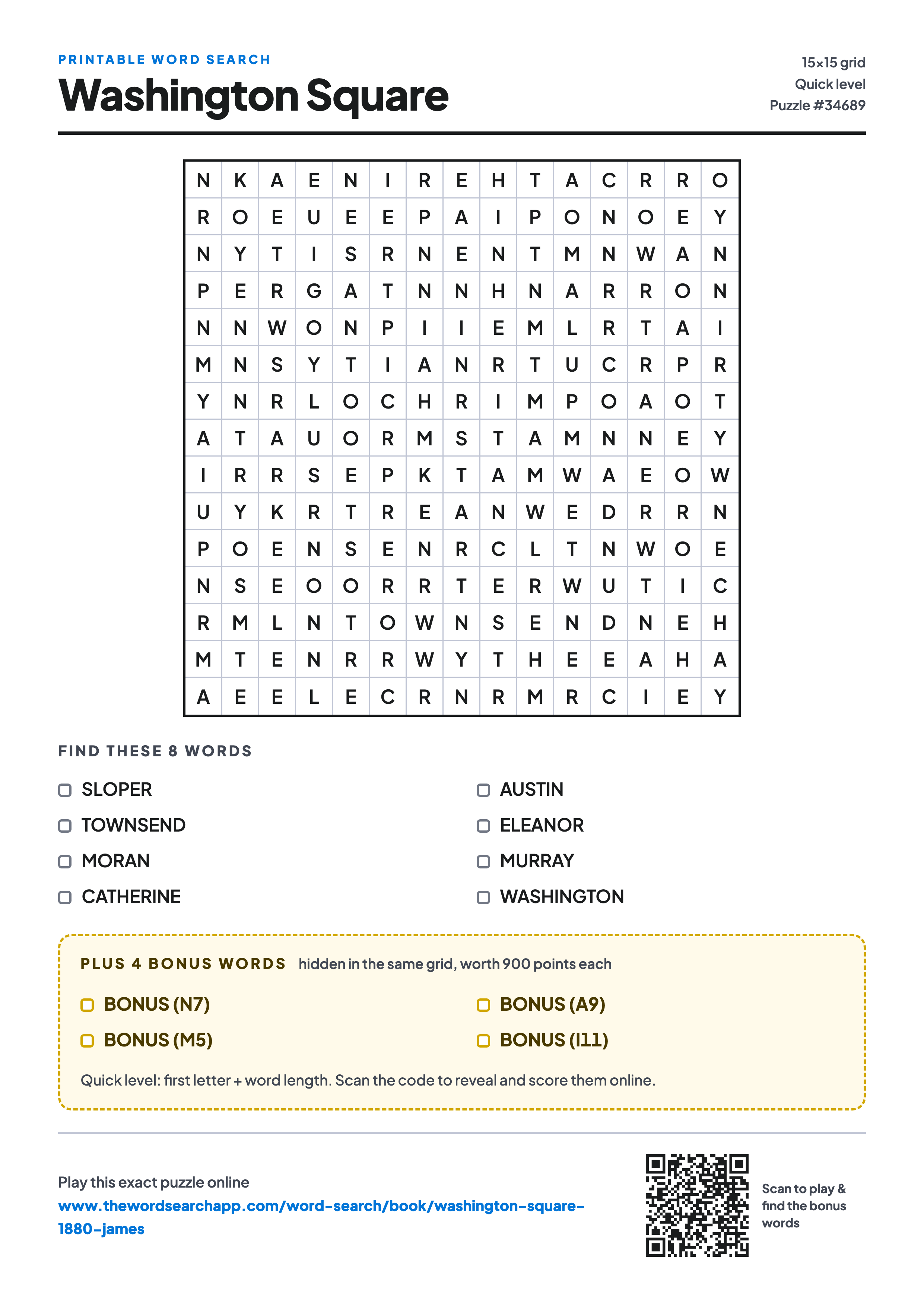 Printable Washington Square word search — 15×15 letter grid with 8 words to find including SLOPER, TOWNSEND, MORAN, plus 4 hidden bonus words