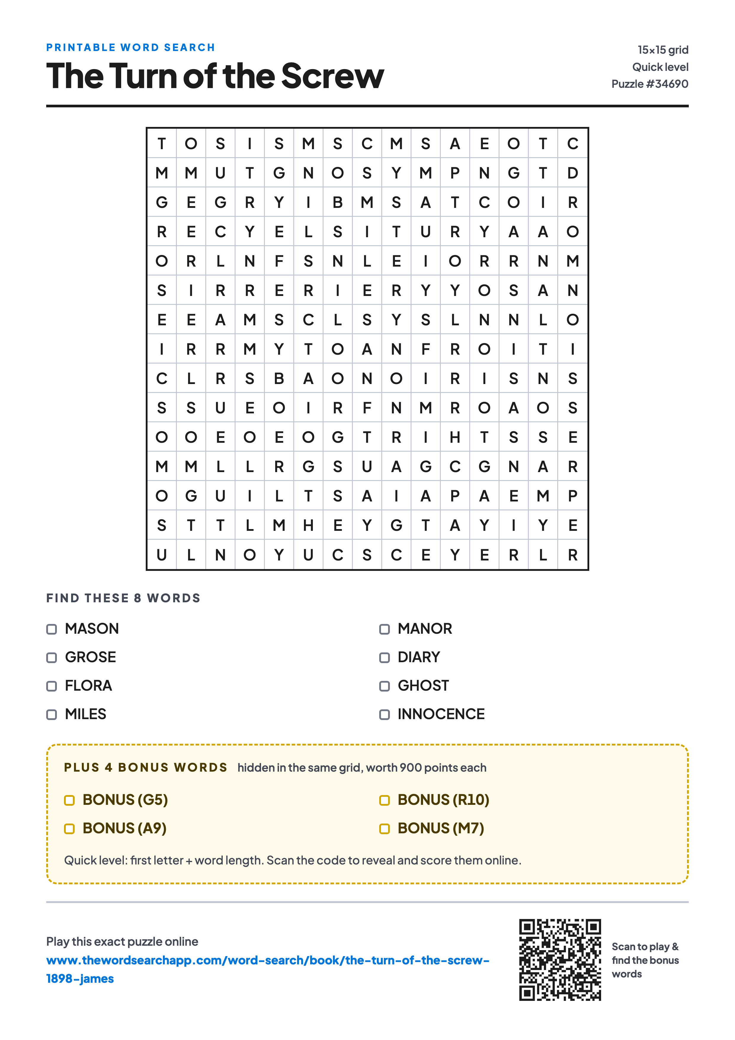 Printable The Turn of the Screw word search — 15×15 letter grid with 8 words to find including MASON, GROSE, FLORA, plus 4 hidden bonus words