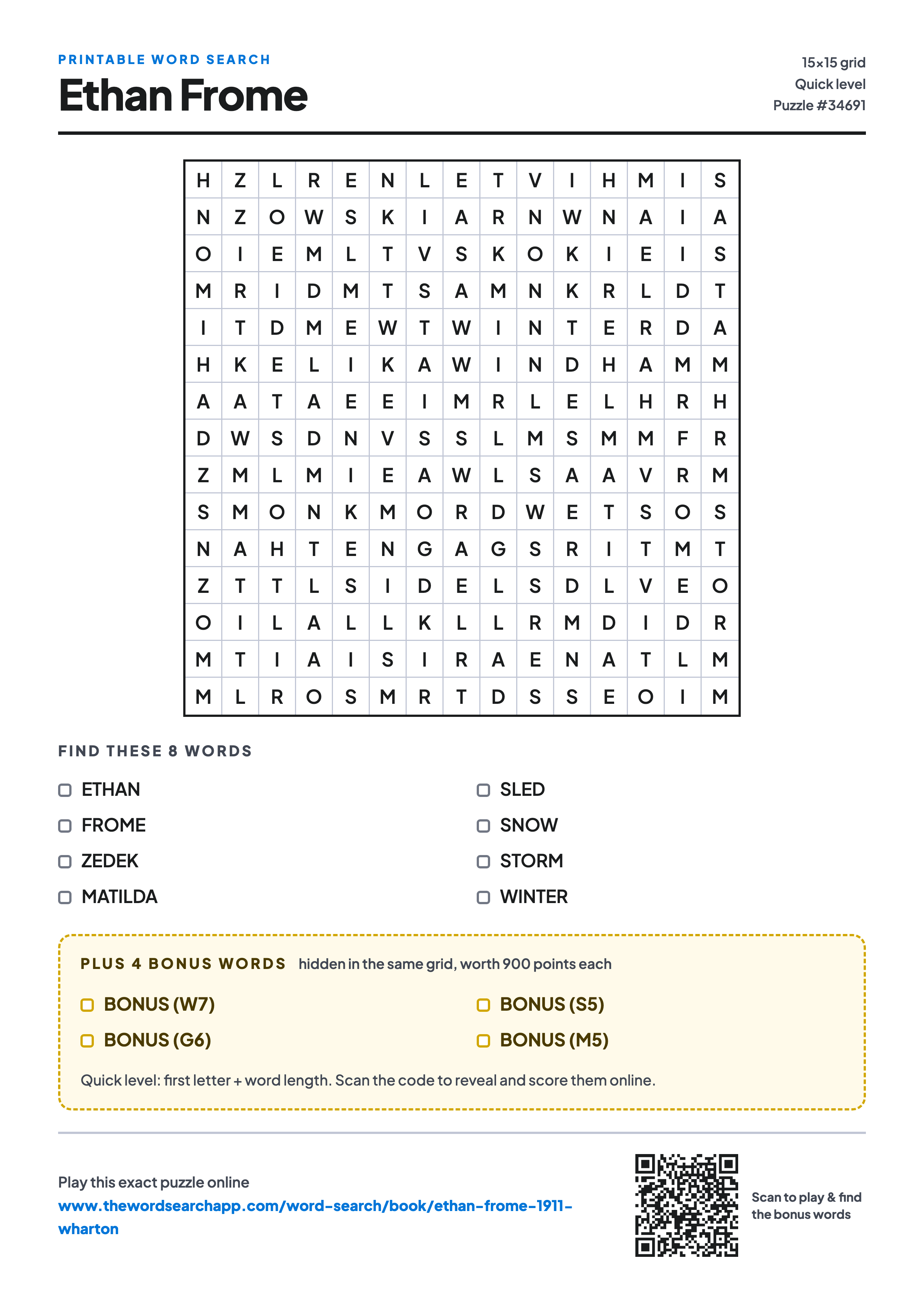 Printable Ethan Frome word search — 15×15 letter grid with 8 words to find including ETHAN, FROME, ZEDEK, plus 4 hidden bonus words