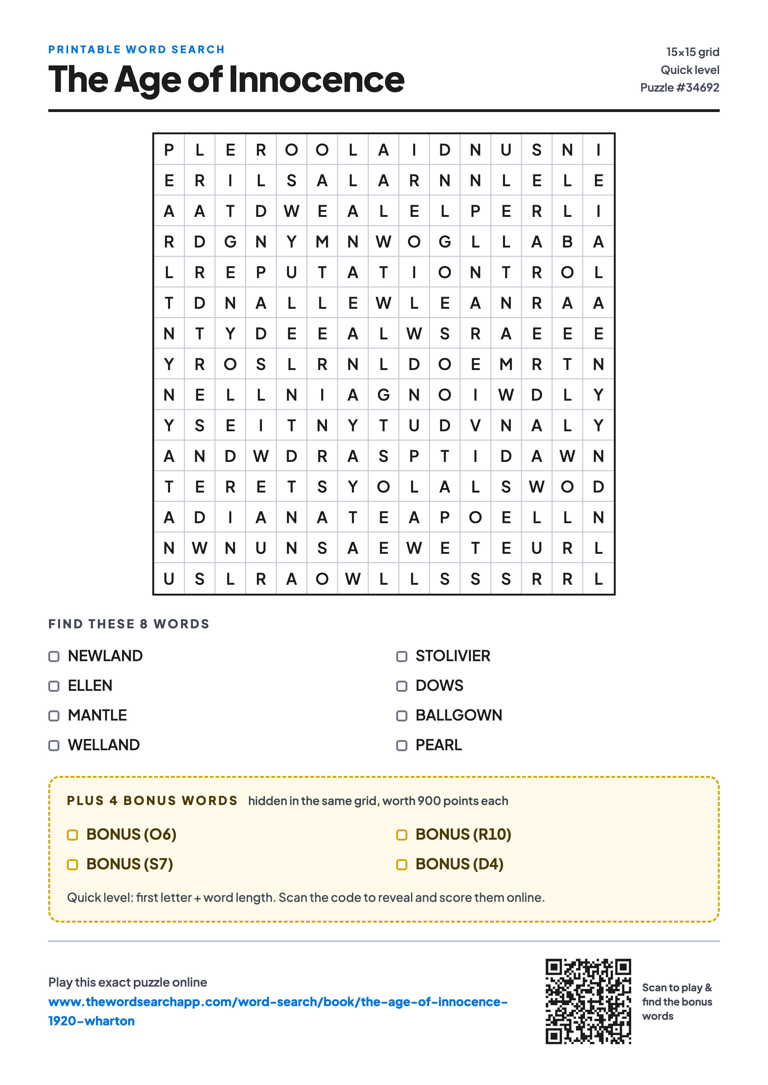 Printable The Age of Innocence word search — 15×15 letter grid with 8 words to find including NEWLAND, ELLEN, MANTLE, plus 4 hidden bonus words