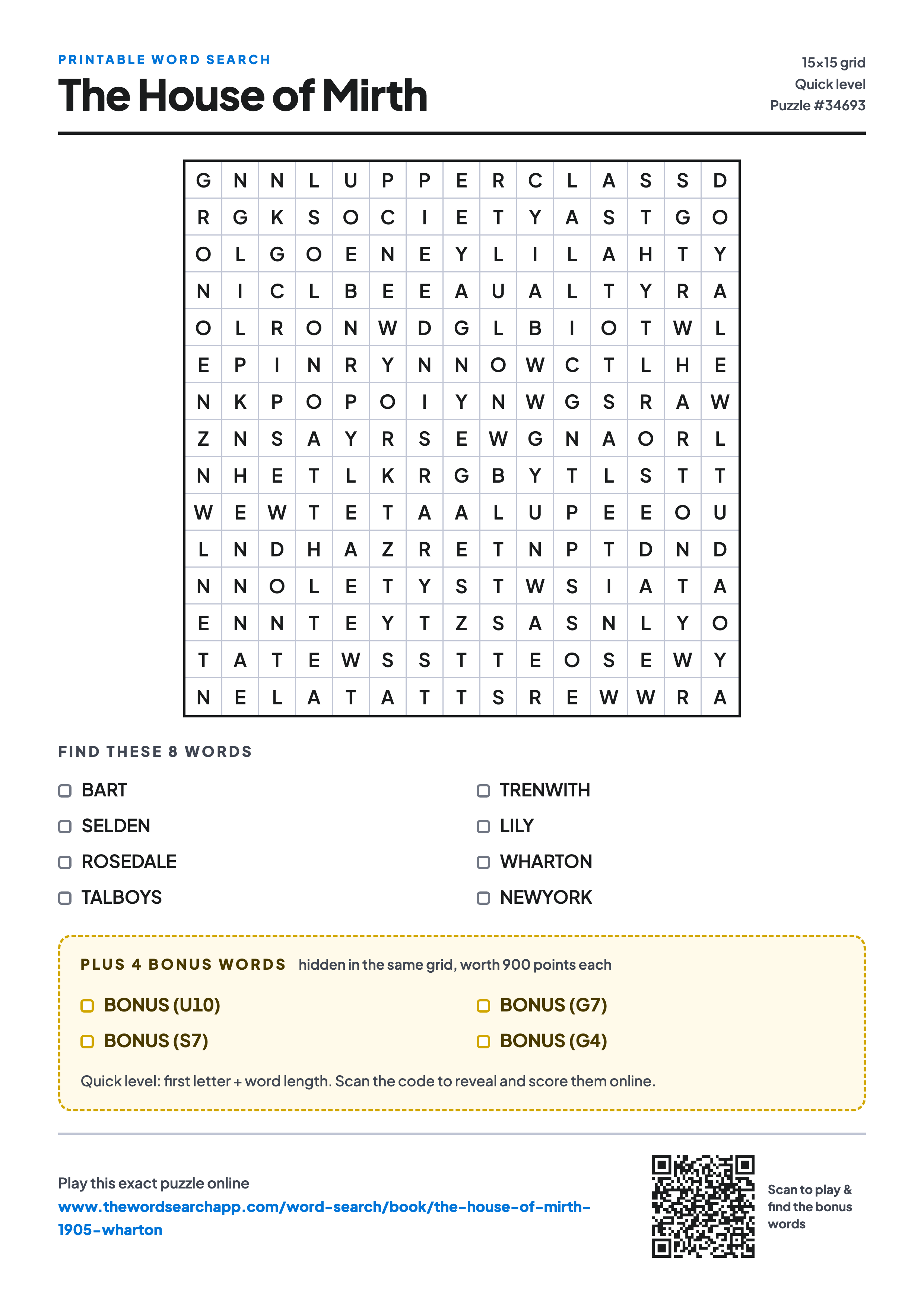 Printable The House of Mirth word search — 15×15 letter grid with 8 words to find including BART, SELDEN, ROSEDALE, plus 4 hidden bonus words