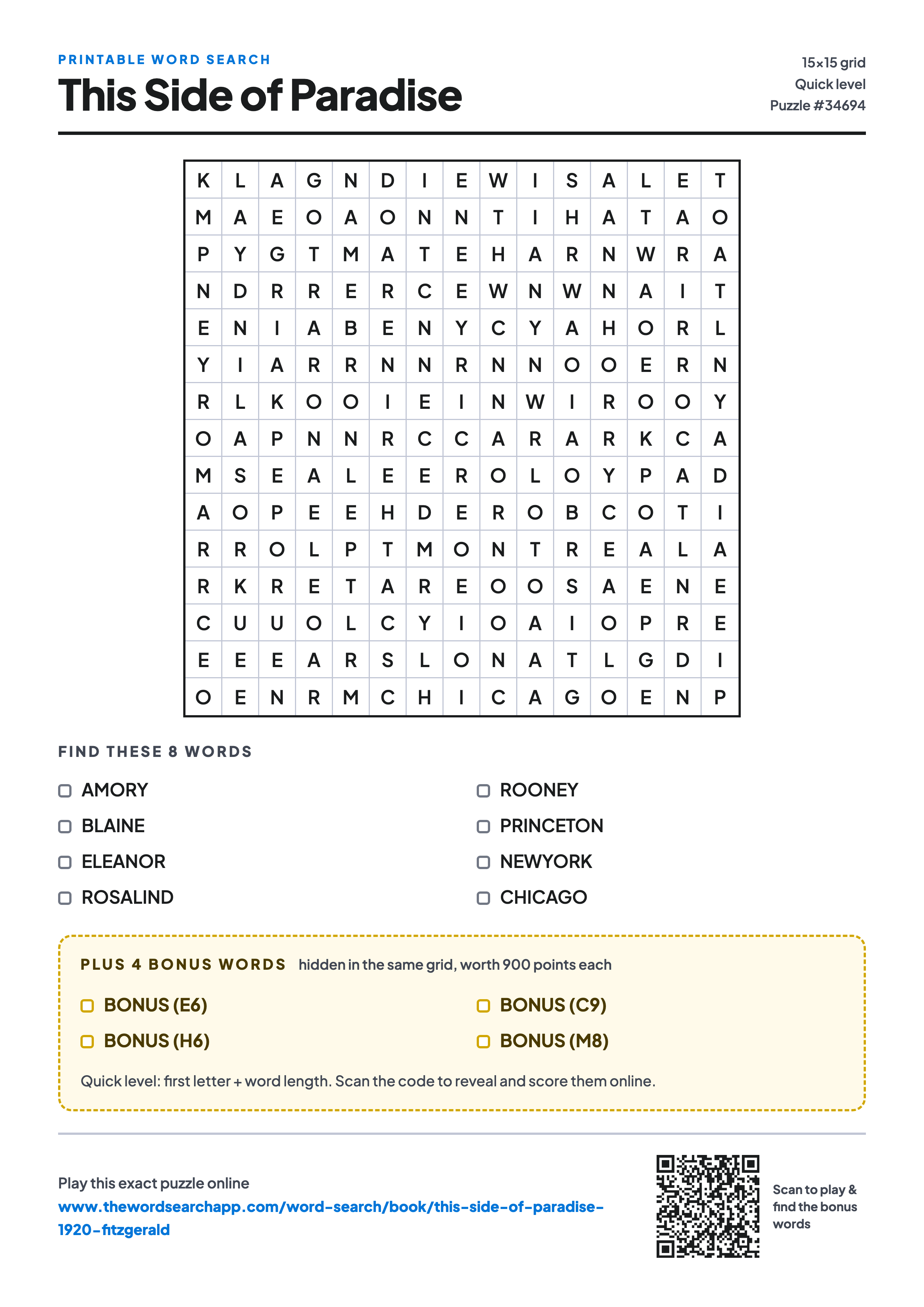 Printable This Side of Paradise word search — 15×15 letter grid with 8 words to find including AMORY, BLAINE, ELEANOR, plus 4 hidden bonus words