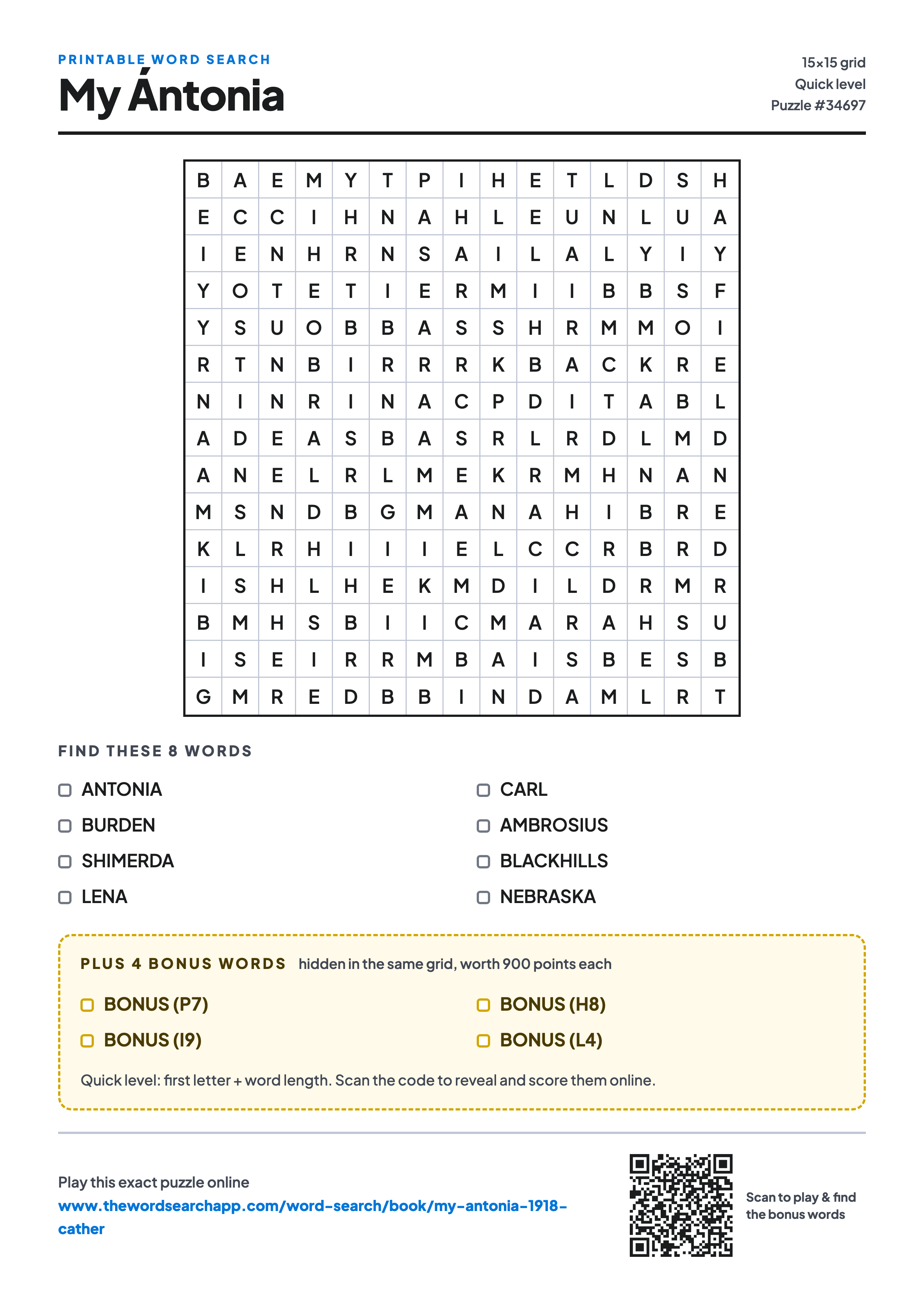 Printable My Ántonia word search — 15×15 letter grid with 8 words to find including ANTONIA, BURDEN, SHIMERDA, plus 4 hidden bonus words