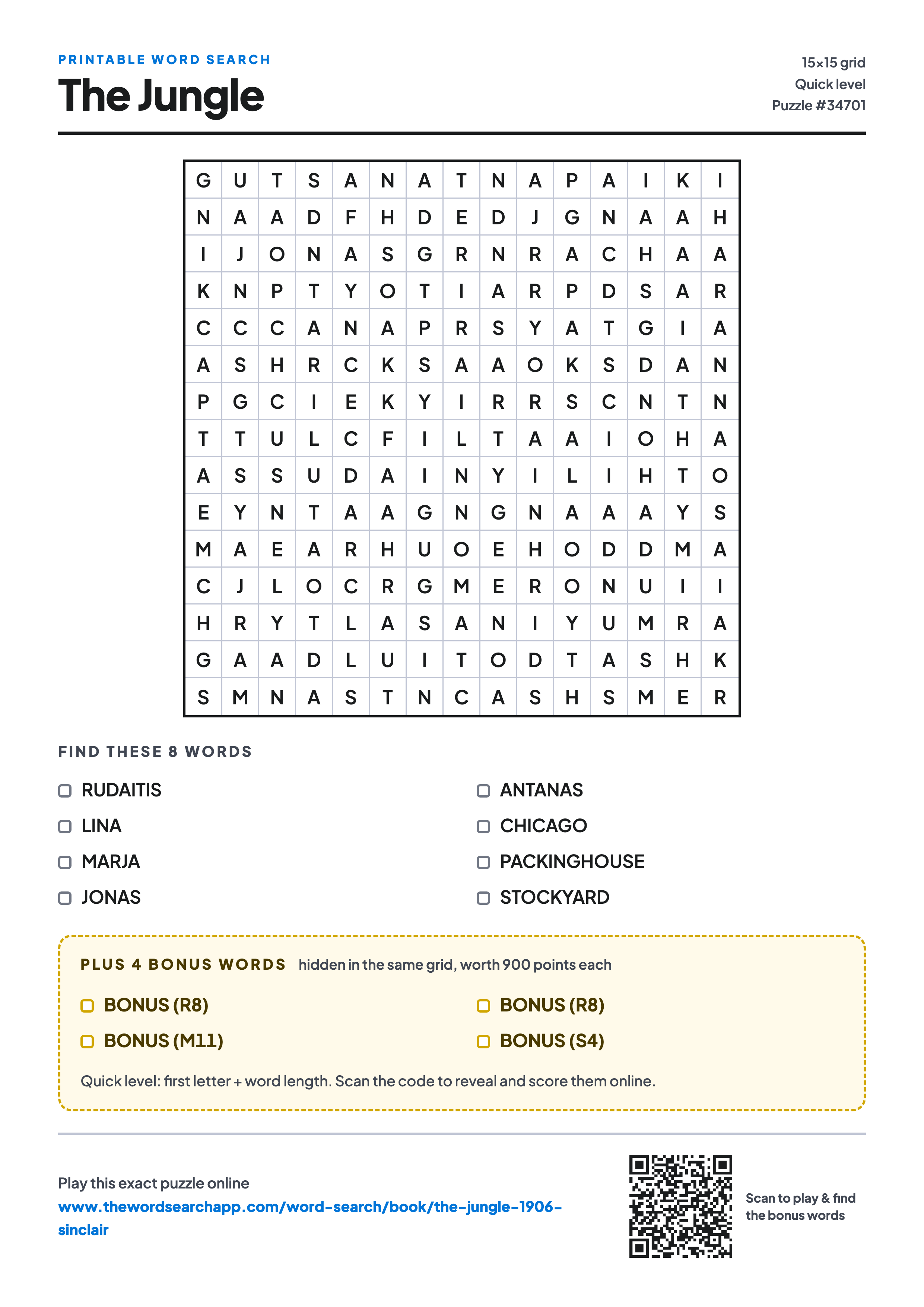 Printable The Jungle word search — 15×15 letter grid with 8 words to find including RUDAITIS, LINA, MARJA, plus 4 hidden bonus words