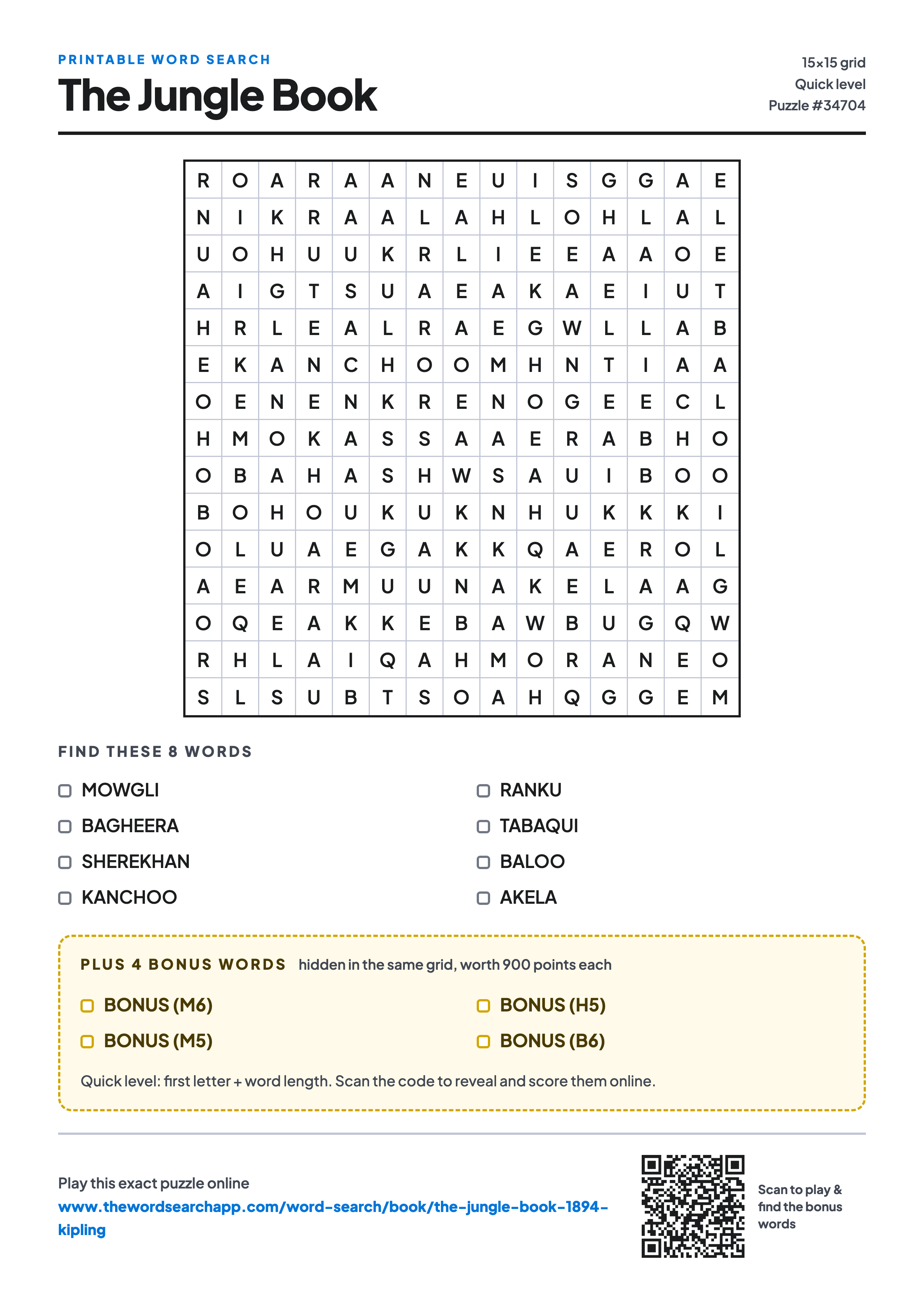 Printable The Jungle Book word search — 15×15 letter grid with 8 words to find including MOWGLI, BAGHEERA, SHEREKHAN, plus 4 hidden bonus words