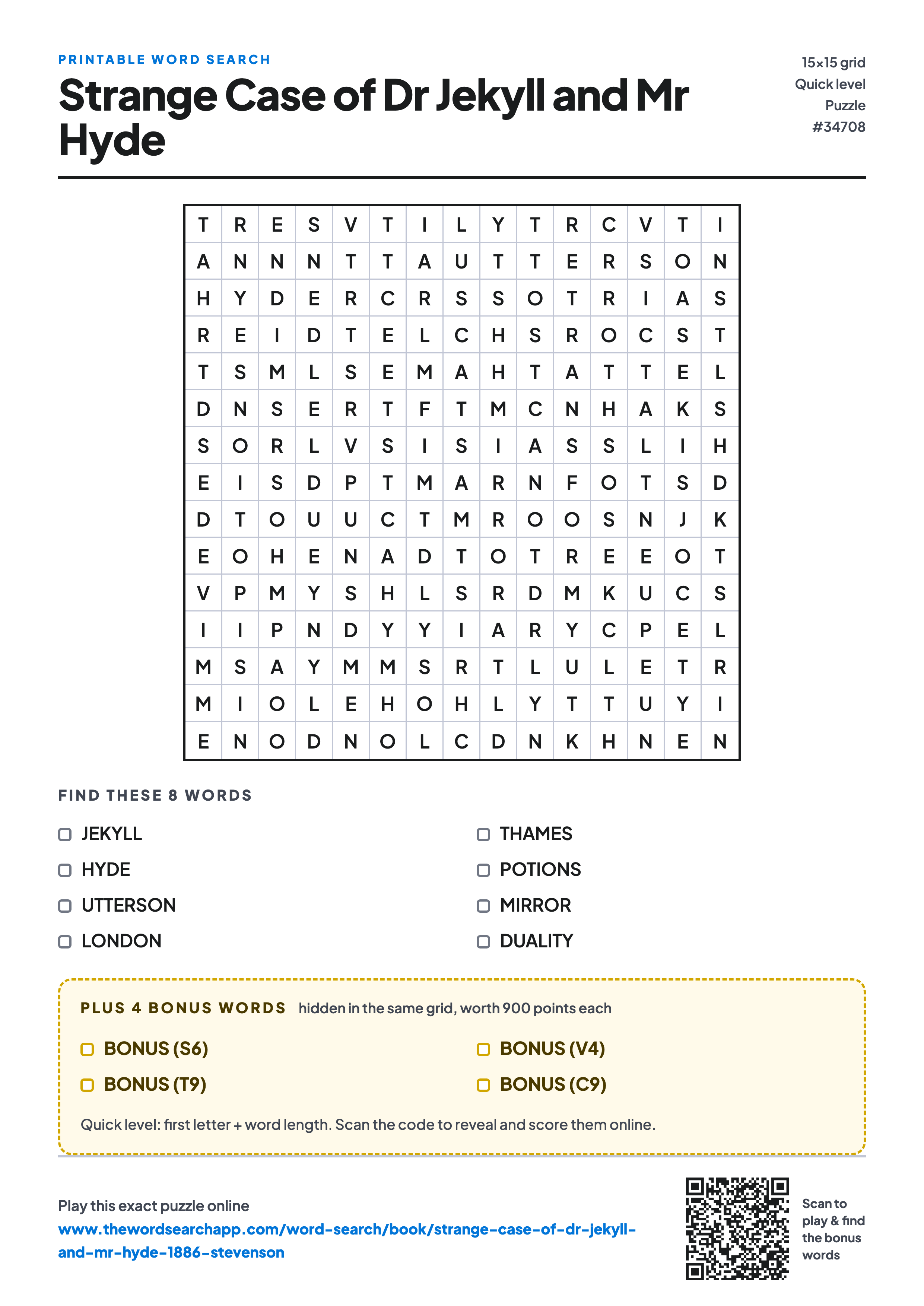 Printable Strange Case of Dr Jekyll and Mr Hyde word search — 15×15 letter grid with 8 words to find including JEKYLL, HYDE, UTTERSON, plus 4 hidden bonus words