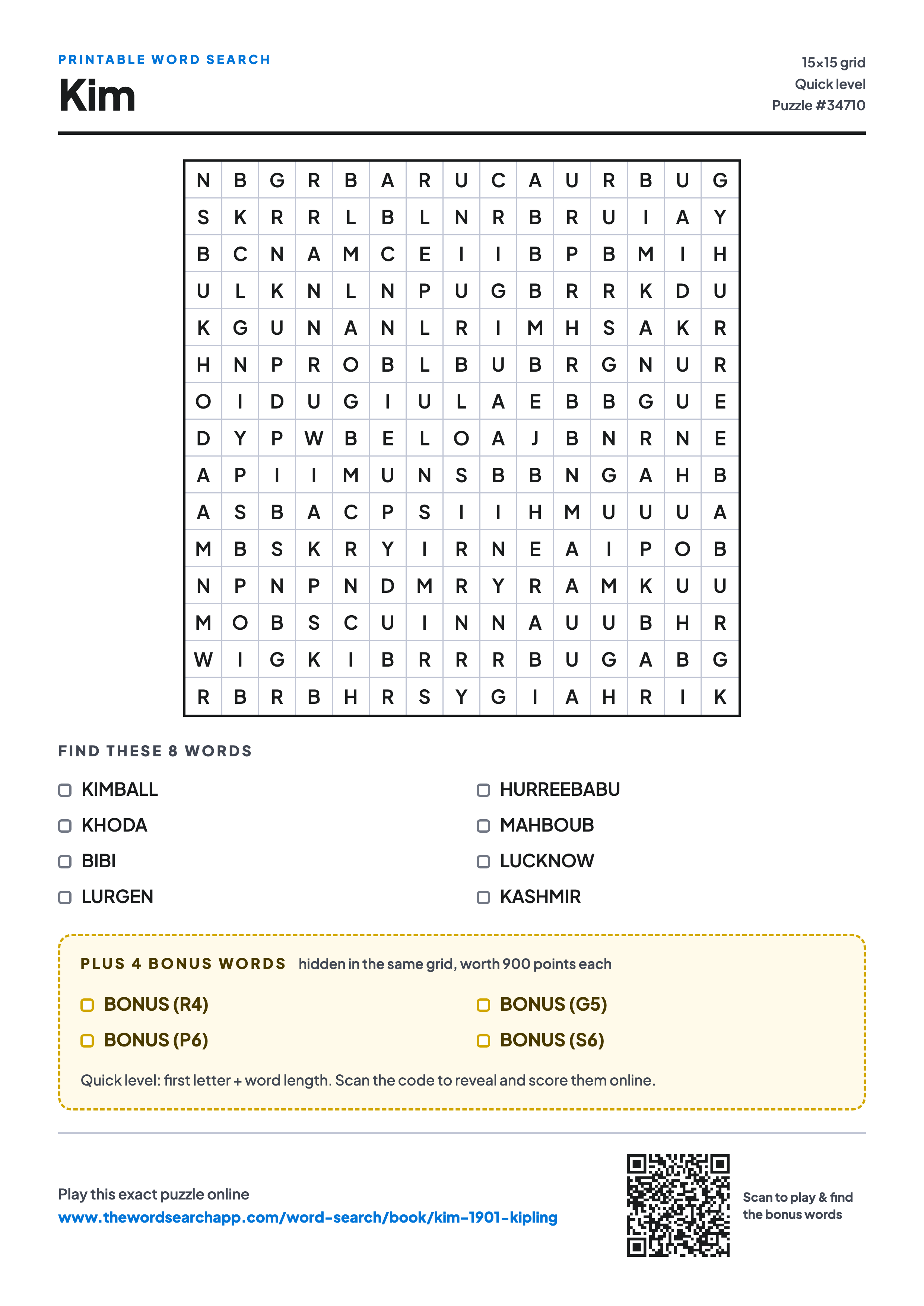 Printable Kim word search — 15×15 letter grid with 8 words to find including KIMBALL, KHODA, BIBI, plus 4 hidden bonus words