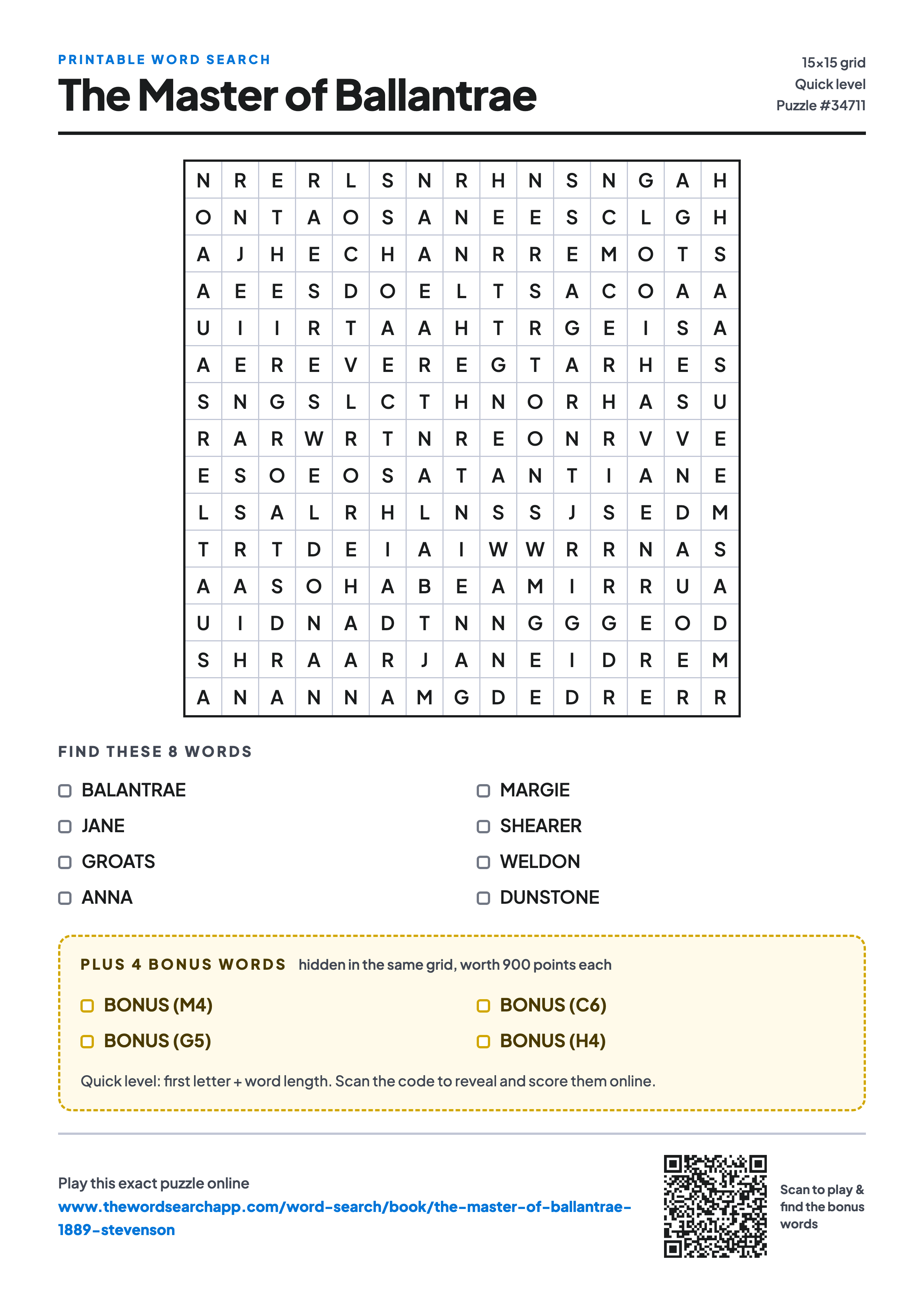 Printable The Master of Ballantrae word search — 15×15 letter grid with 8 words to find including BALANTRAE, JANE, GROATS, plus 4 hidden bonus words