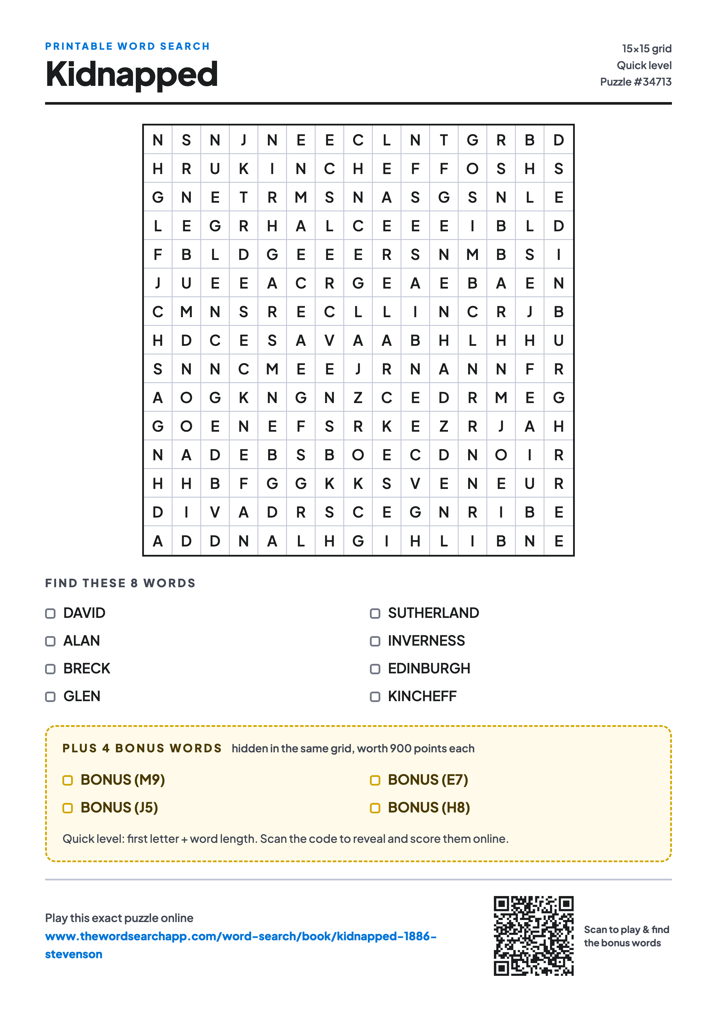 Printable Kidnapped word search — 15×15 letter grid with 8 words to find including DAVID, ALAN, BRECK, plus 4 hidden bonus words