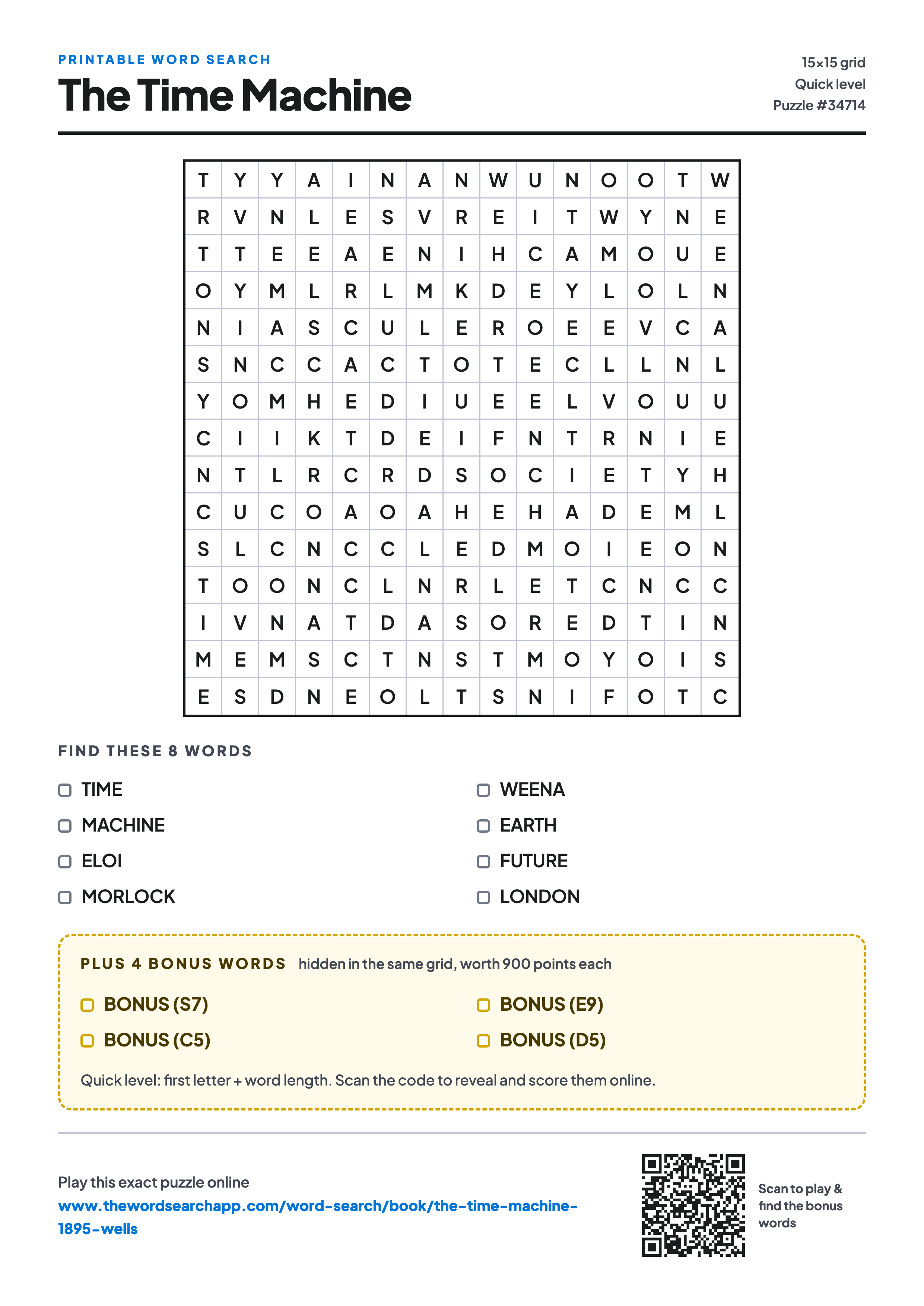 Printable The Time Machine word search — 15×15 letter grid with 8 words to find including TIME, MACHINE, ELOI, plus 4 hidden bonus words