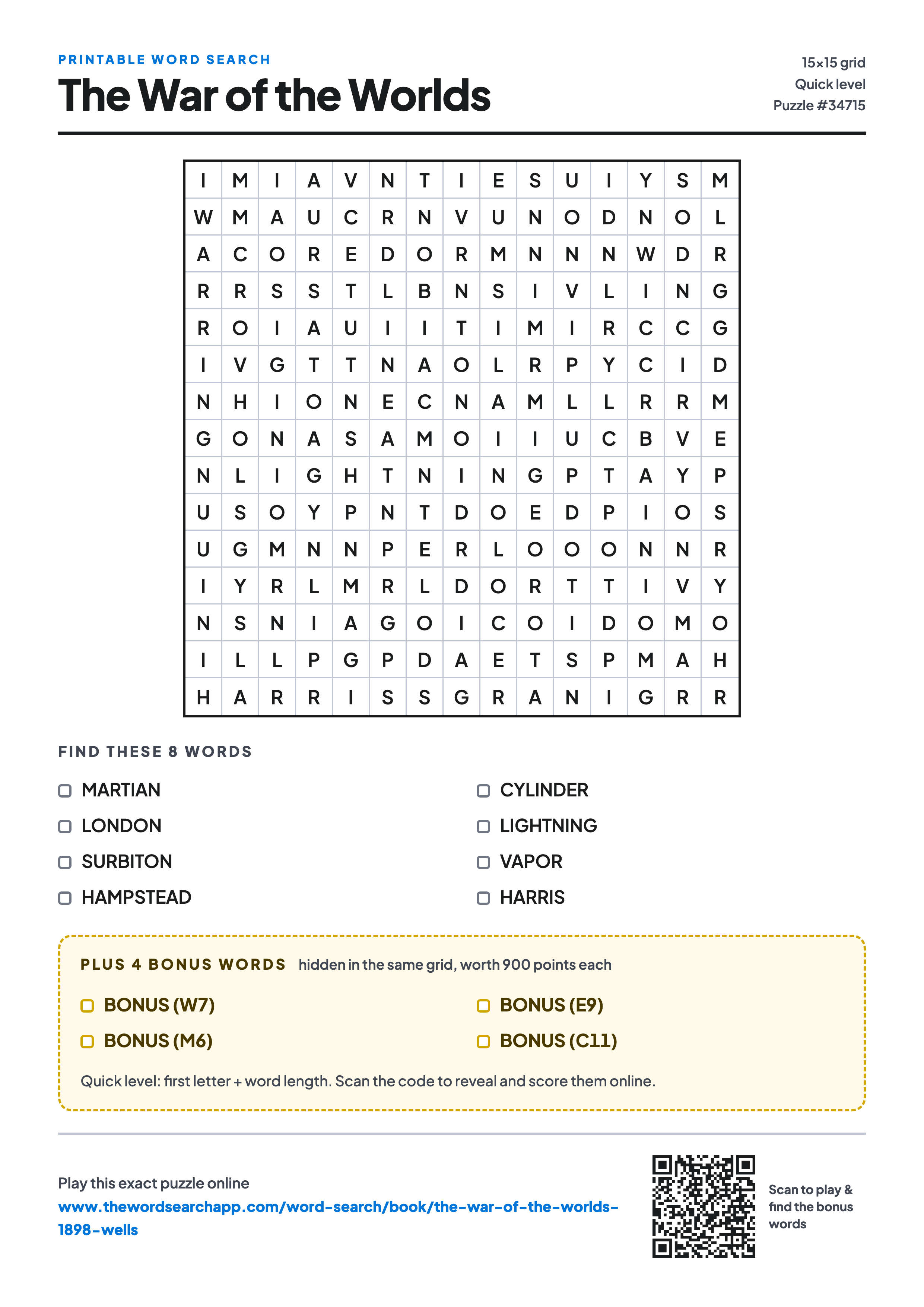 Printable The War of the Worlds word search — 15×15 letter grid with 8 words to find including MARTIAN, LONDON, SURBITON, plus 4 hidden bonus words