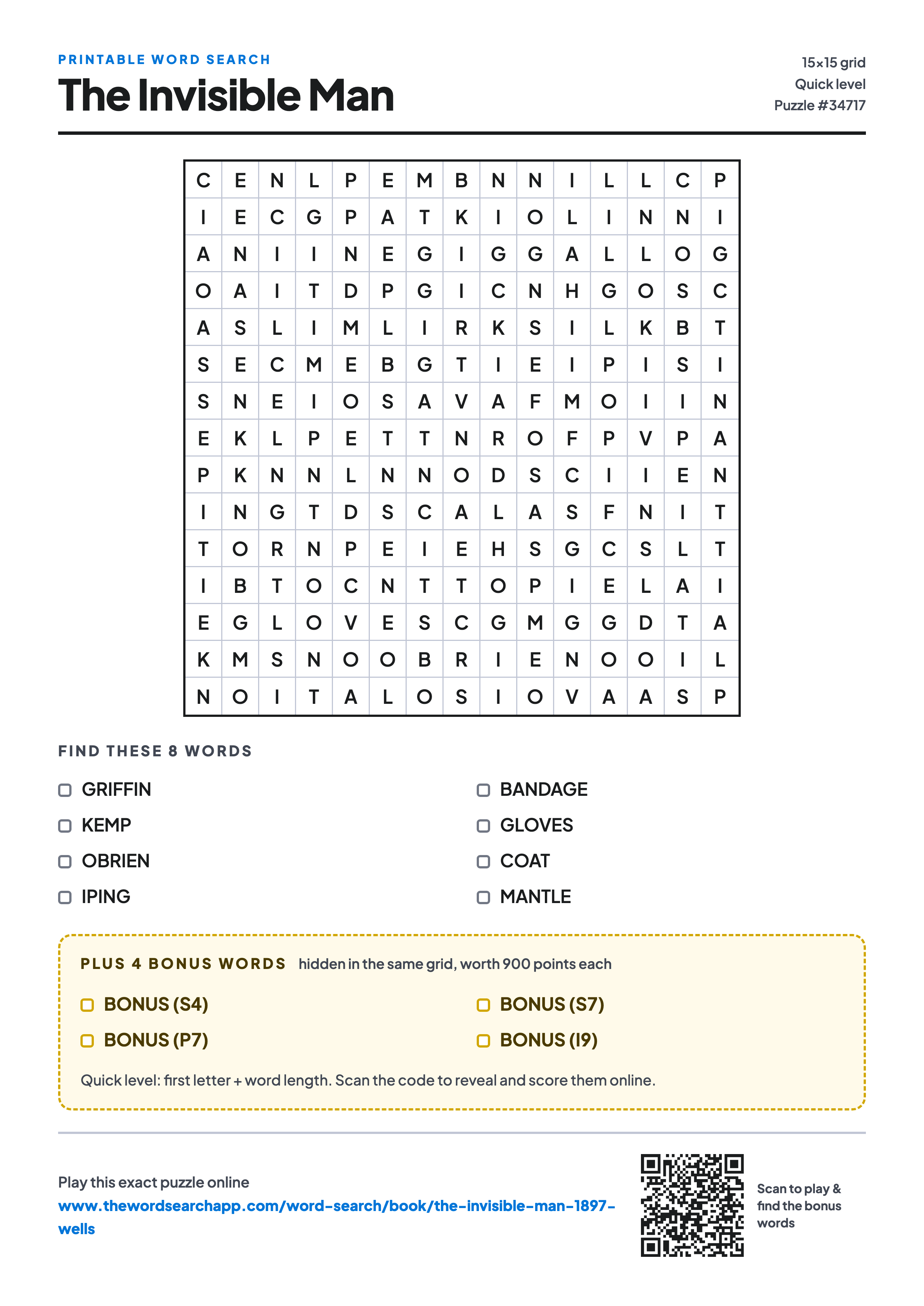 Printable The Invisible Man word search — 15×15 letter grid with 8 words to find including GRIFFIN, KEMP, OBRIEN, plus 4 hidden bonus words