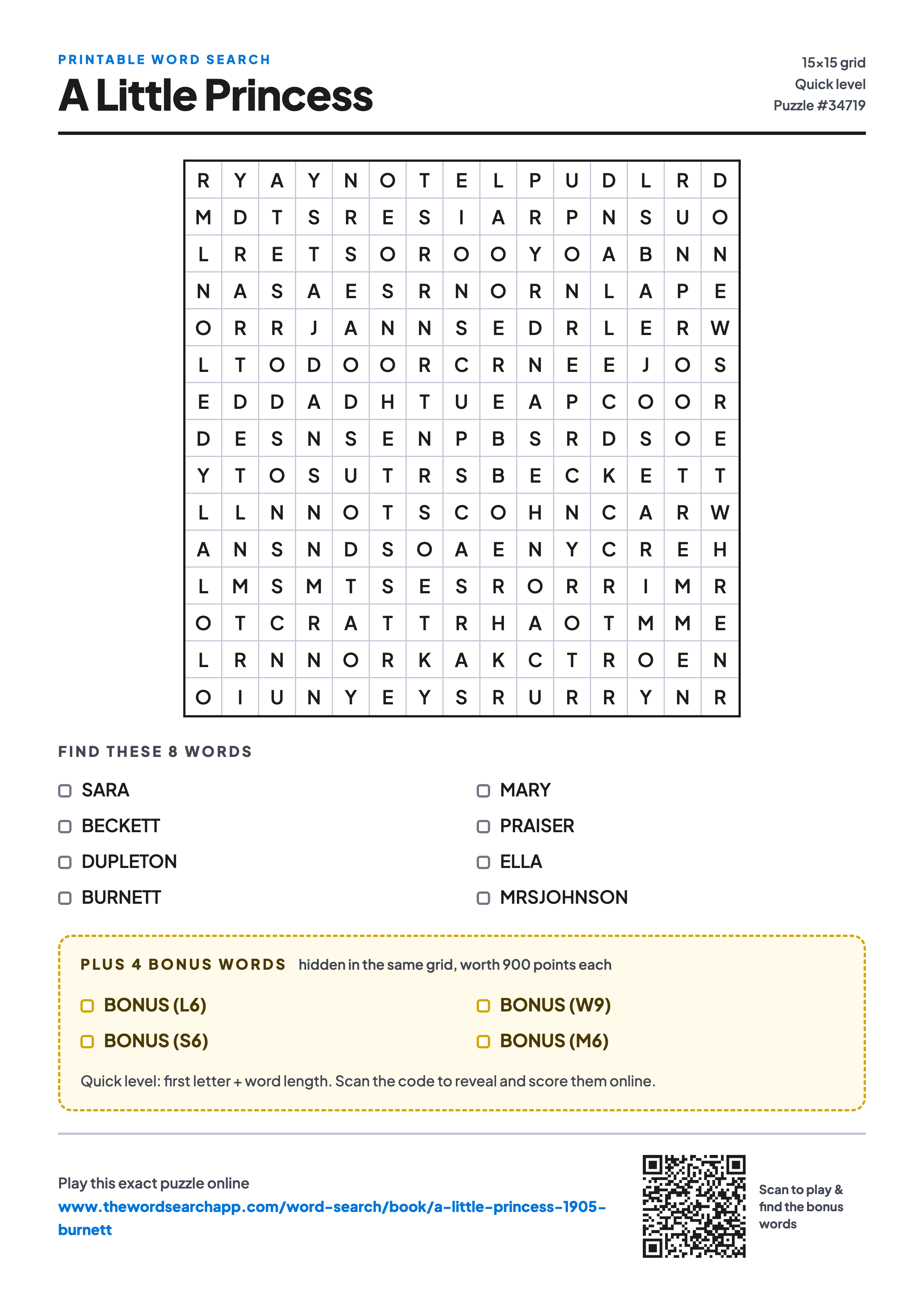 Printable A Little Princess word search — 15×15 letter grid with 8 words to find including SARA, BECKETT, DUPLETON, plus 4 hidden bonus words