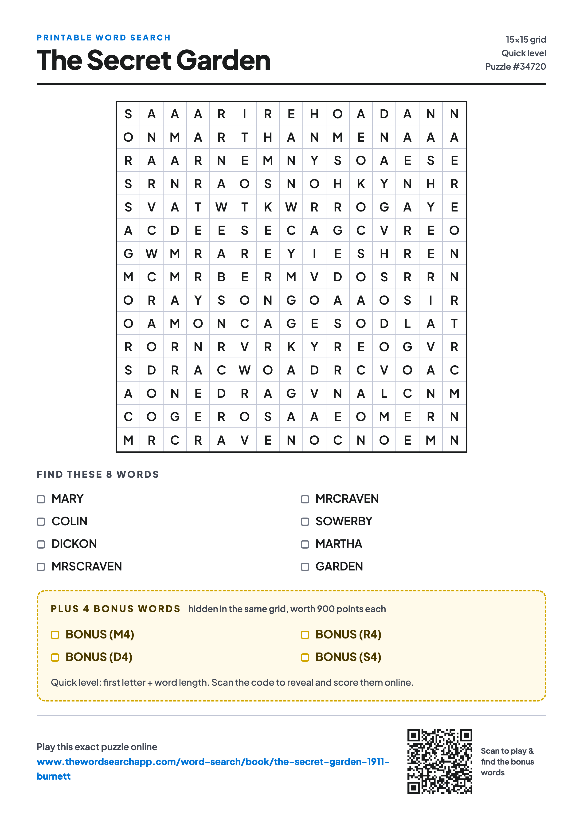 Printable The Secret Garden word search — 15×15 letter grid with 8 words to find including MARY, COLIN, DICKON, plus 4 hidden bonus words