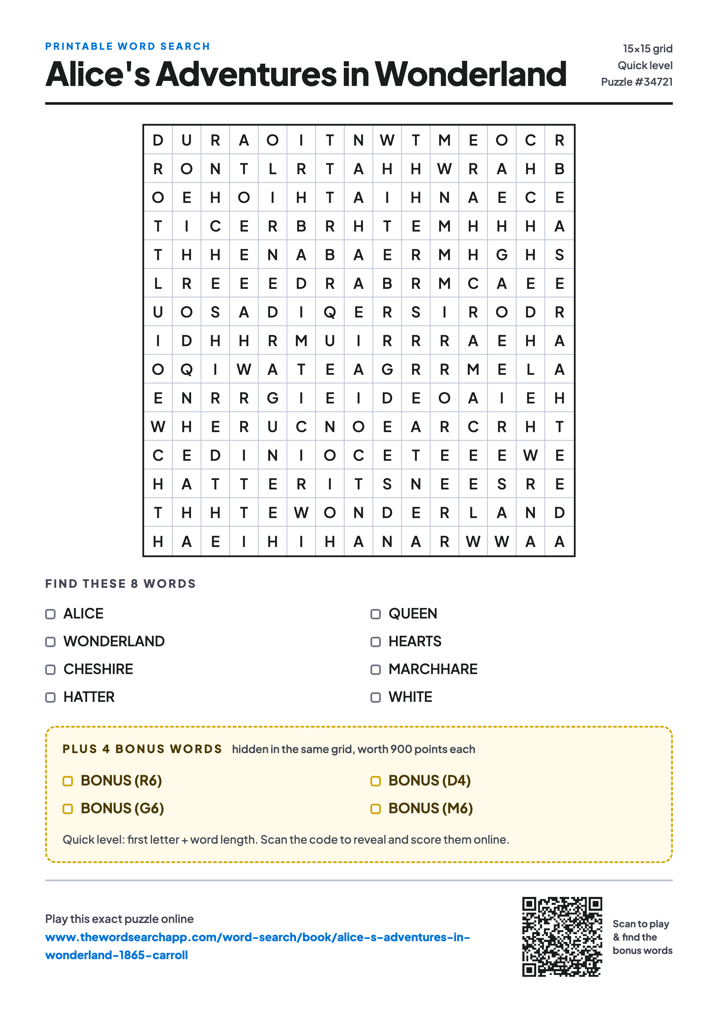 Printable Alice's Adventures in Wonderland word search — 15×15 letter grid with 8 words to find including ALICE, WONDERLAND, CHESHIRE, plus 4 hidden bonus words