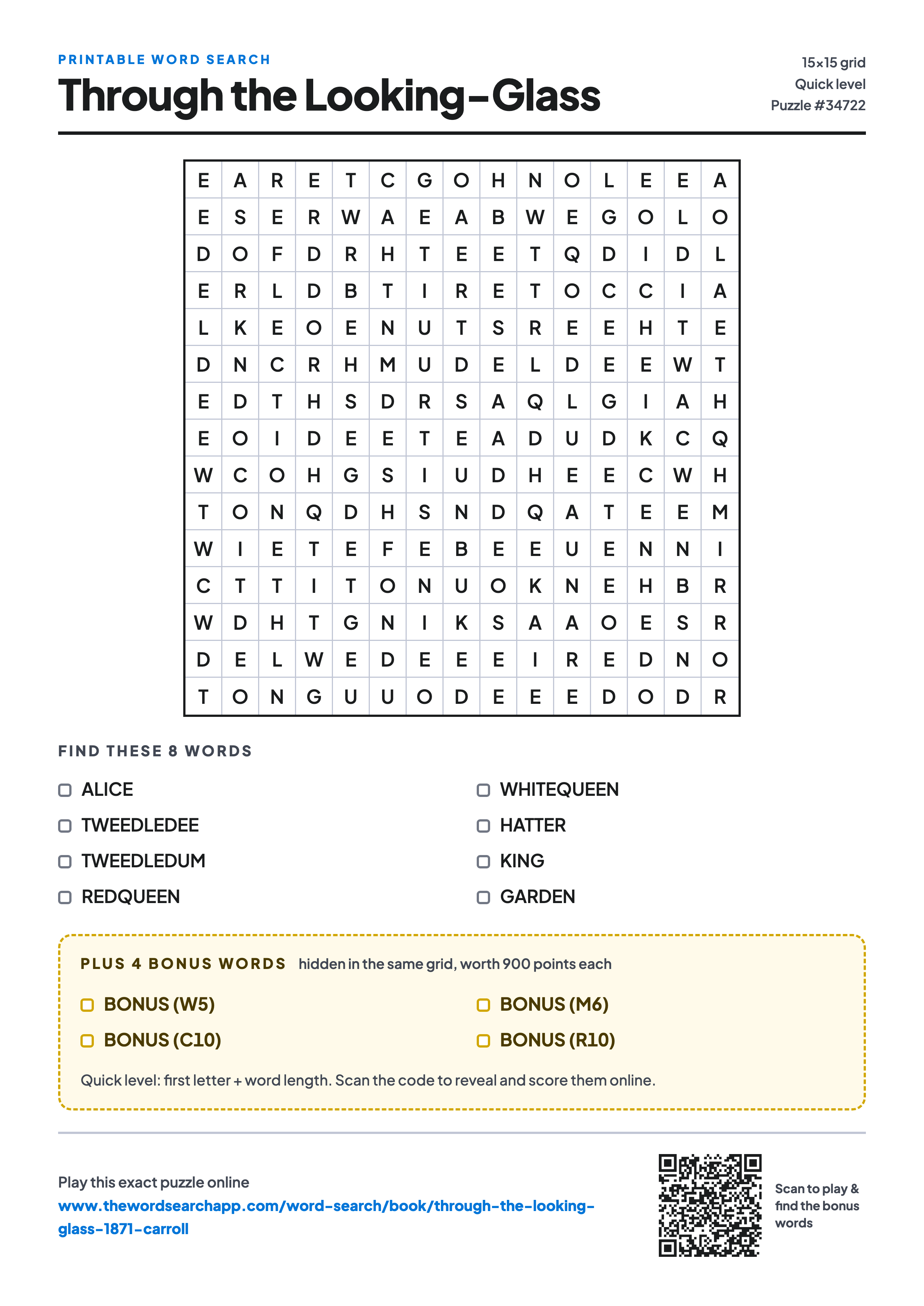 Printable Through the Looking-Glass word search — 15×15 letter grid with 8 words to find including ALICE, TWEEDLEDEE, TWEEDLEDUM, plus 4 hidden bonus words