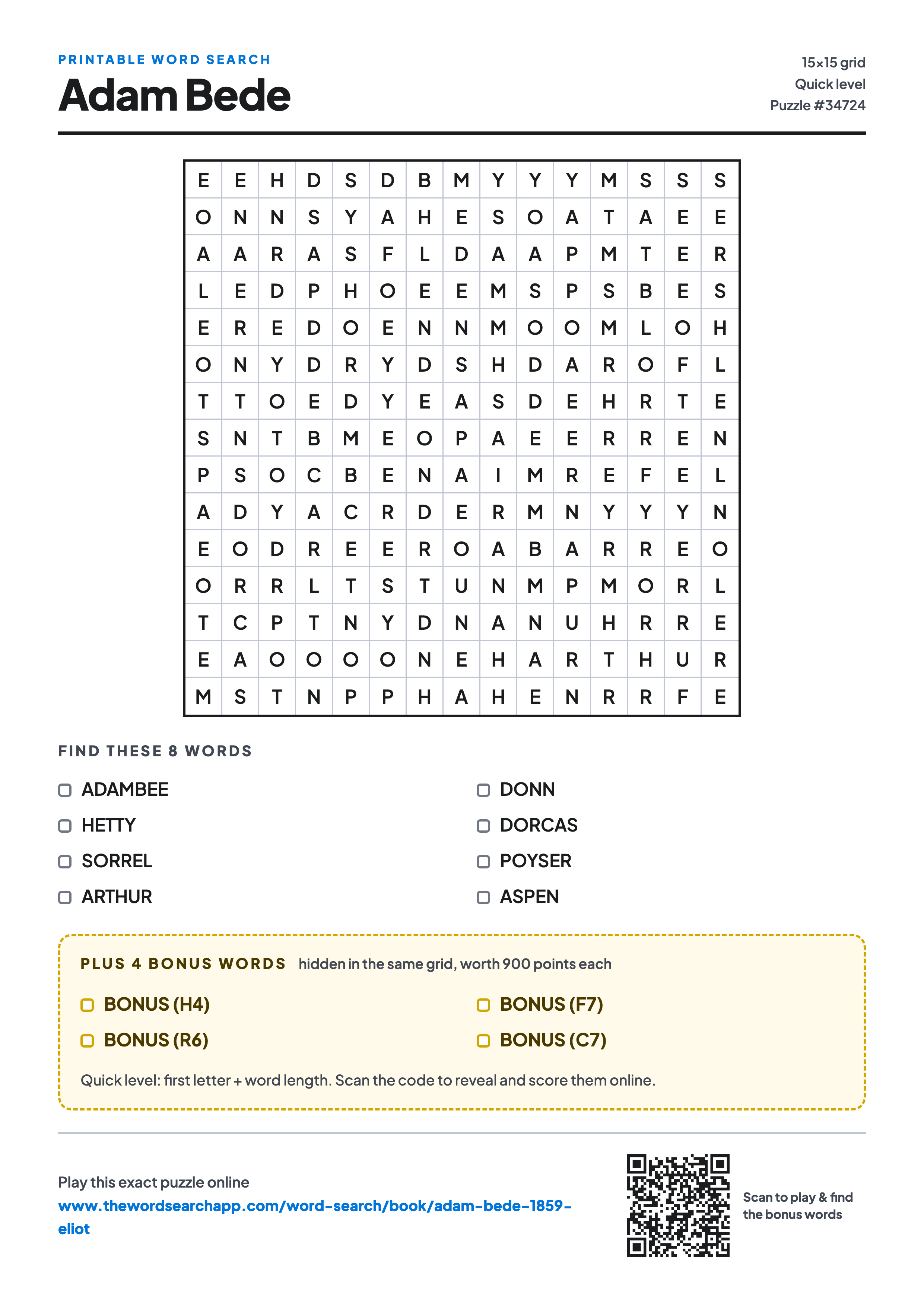 Printable Adam Bede word search — 15×15 letter grid with 8 words to find including ADAMBEE, HETTY, SORREL, plus 4 hidden bonus words