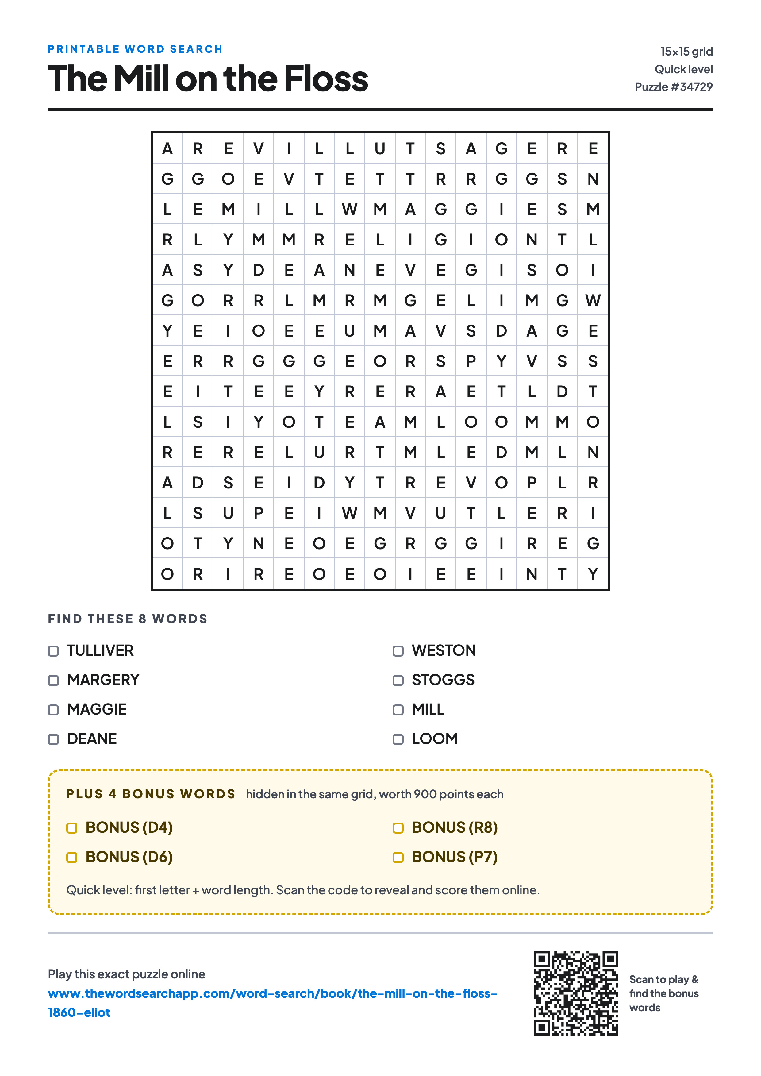 Printable The Mill on the Floss word search — 15×15 letter grid with 8 words to find including TULLIVER, MARGERY, MAGGIE, plus 4 hidden bonus words