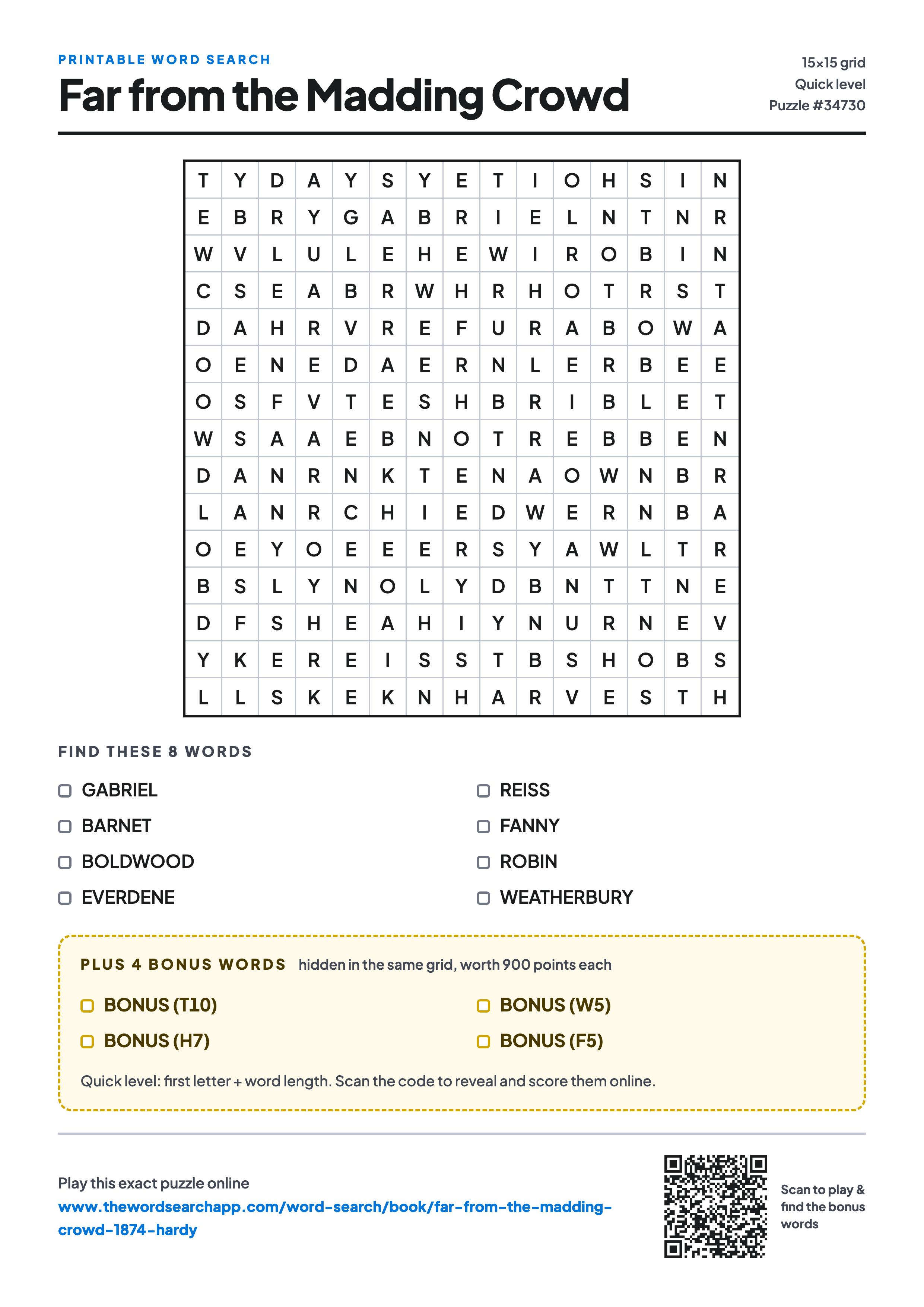 Printable Far from the Madding Crowd word search — 15×15 letter grid with 8 words to find including GABRIEL, BARNET, BOLDWOOD, plus 4 hidden bonus words