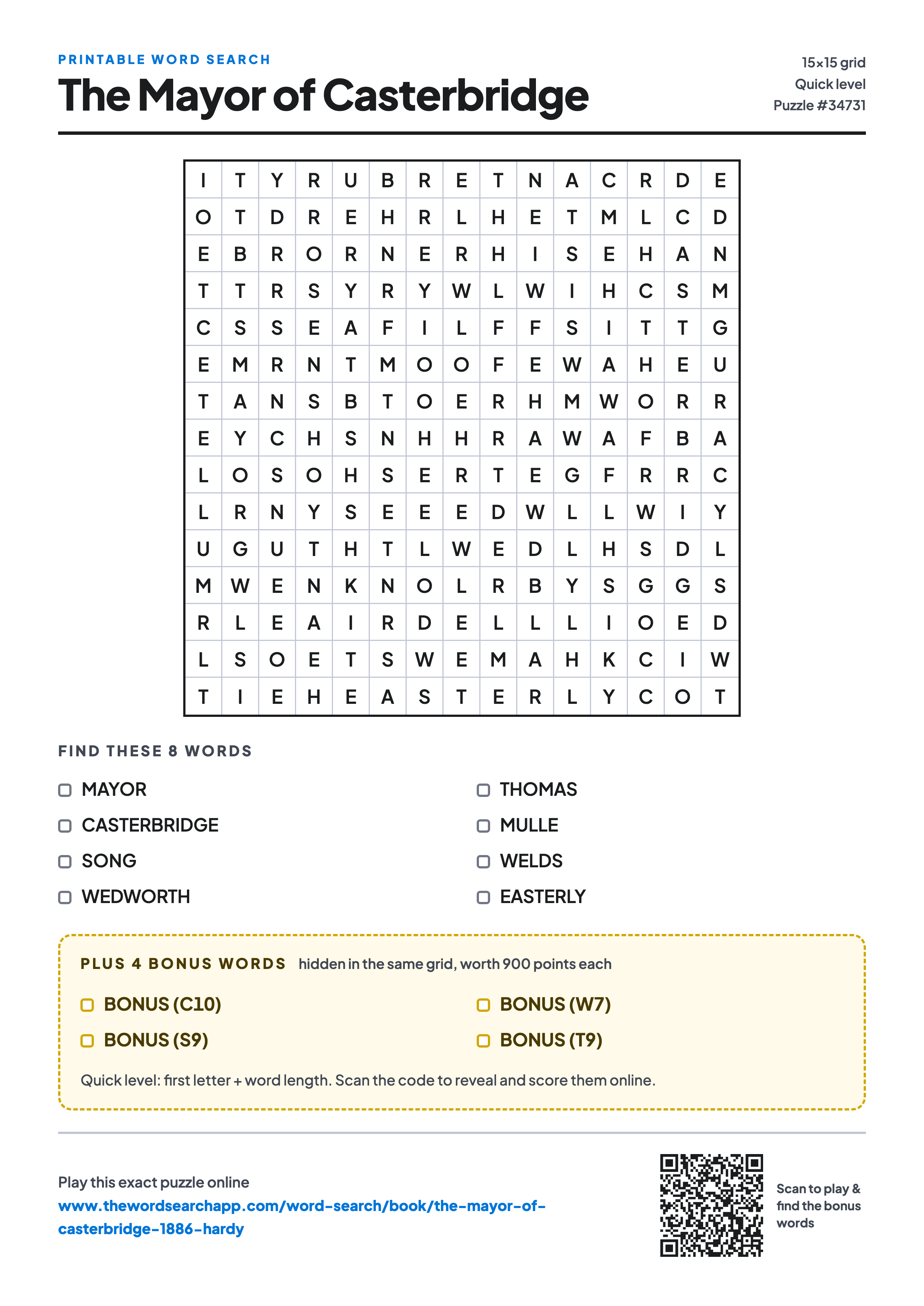 Printable The Mayor of Casterbridge word search — 15×15 letter grid with 8 words to find including MAYOR, CASTERBRIDGE, SONG, plus 4 hidden bonus words