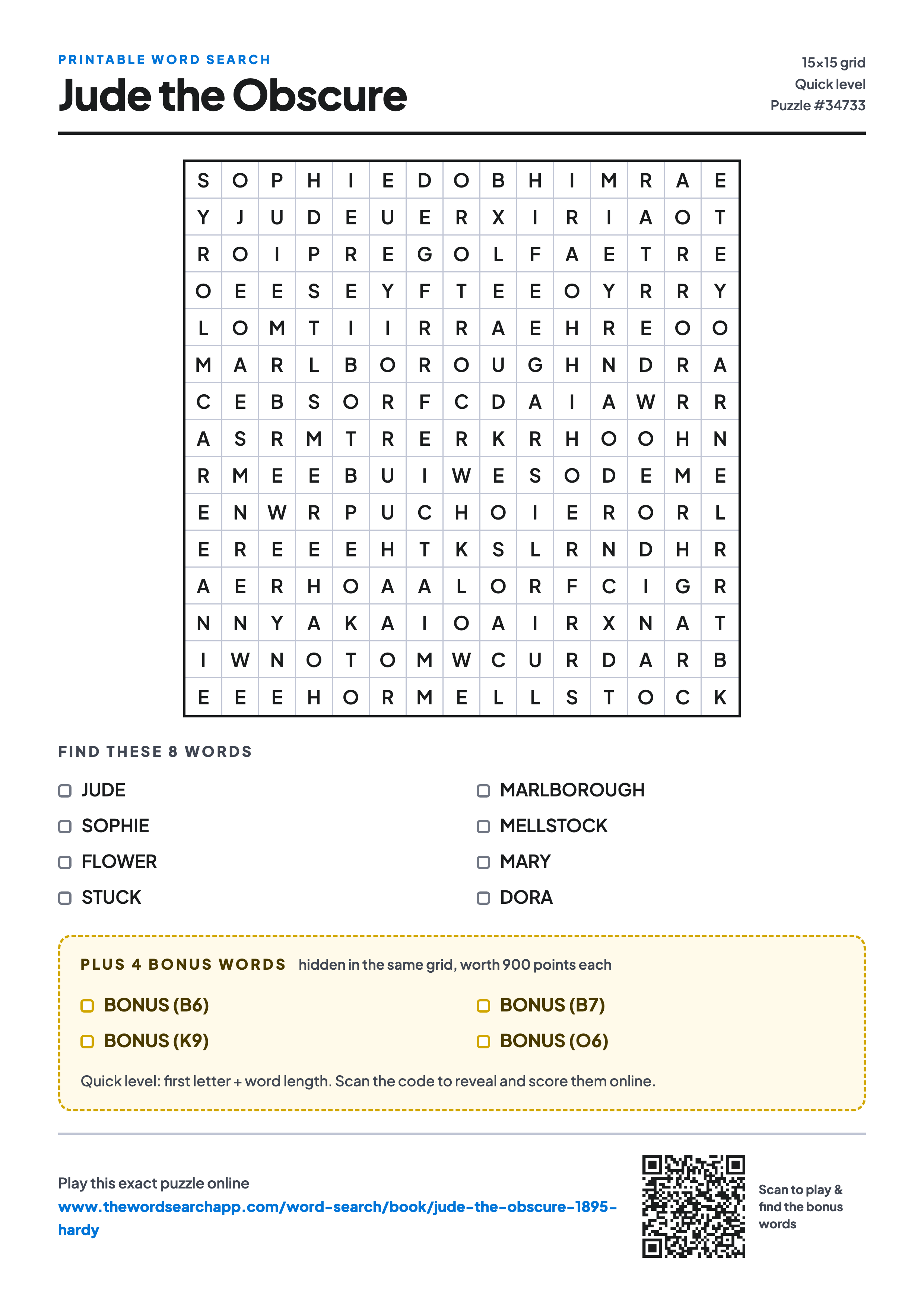 Printable Jude the Obscure word search — 15×15 letter grid with 8 words to find including JUDE, SOPHIE, FLOWER, plus 4 hidden bonus words