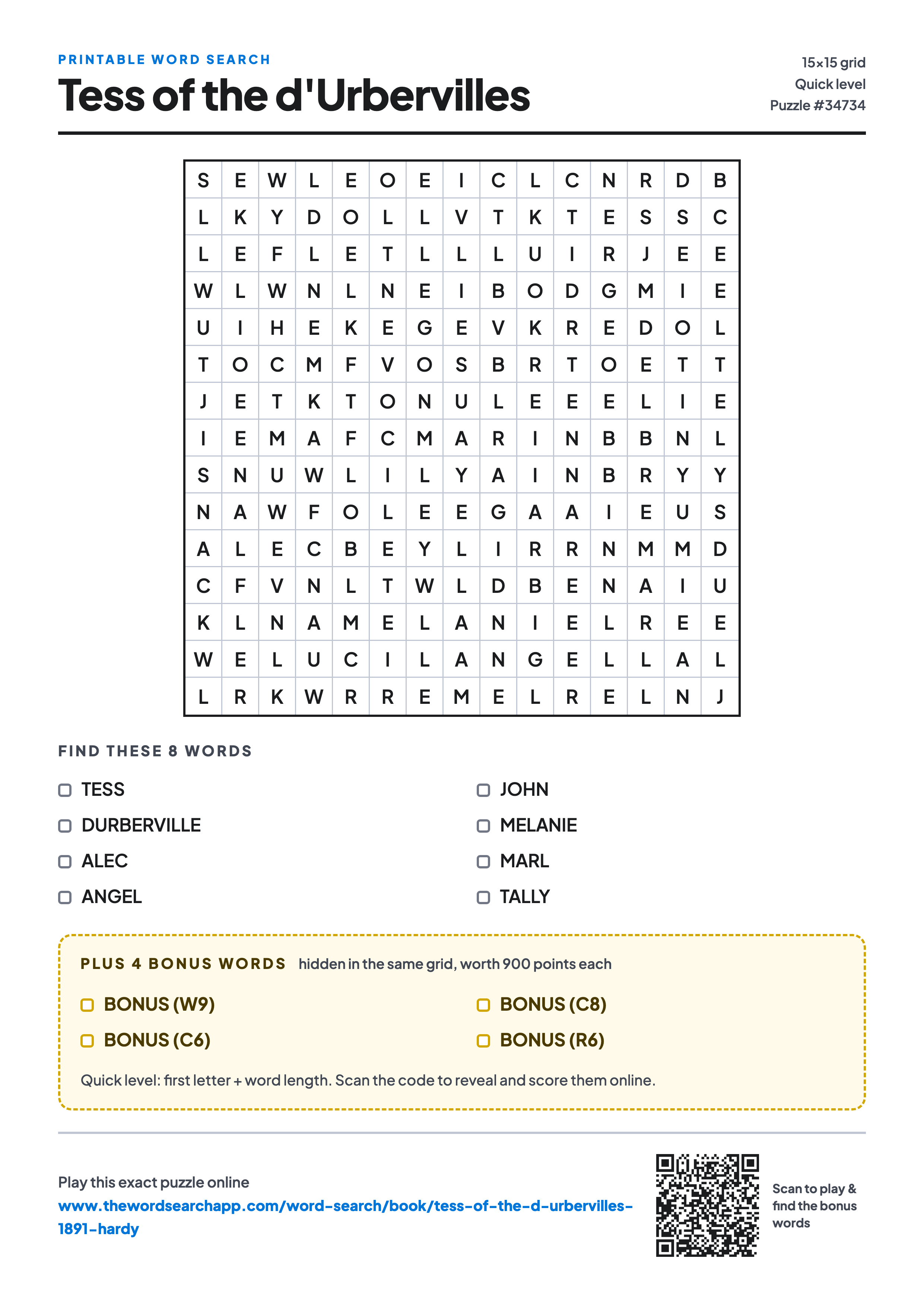 Printable Tess of the d'Urbervilles word search — 15×15 letter grid with 8 words to find including TESS, DURBERVILLE, ALEC, plus 4 hidden bonus words