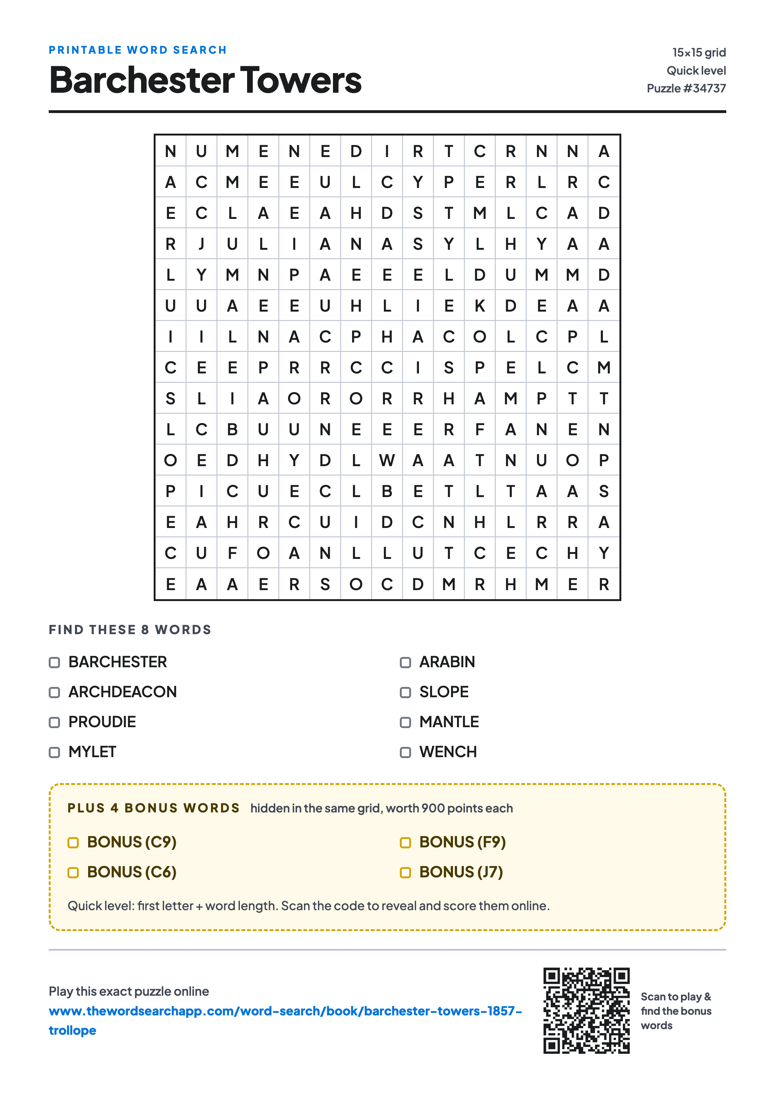 Printable Barchester Towers word search — 15×15 letter grid with 8 words to find including BARCHESTER, ARCHDEACON, PROUDIE, plus 4 hidden bonus words