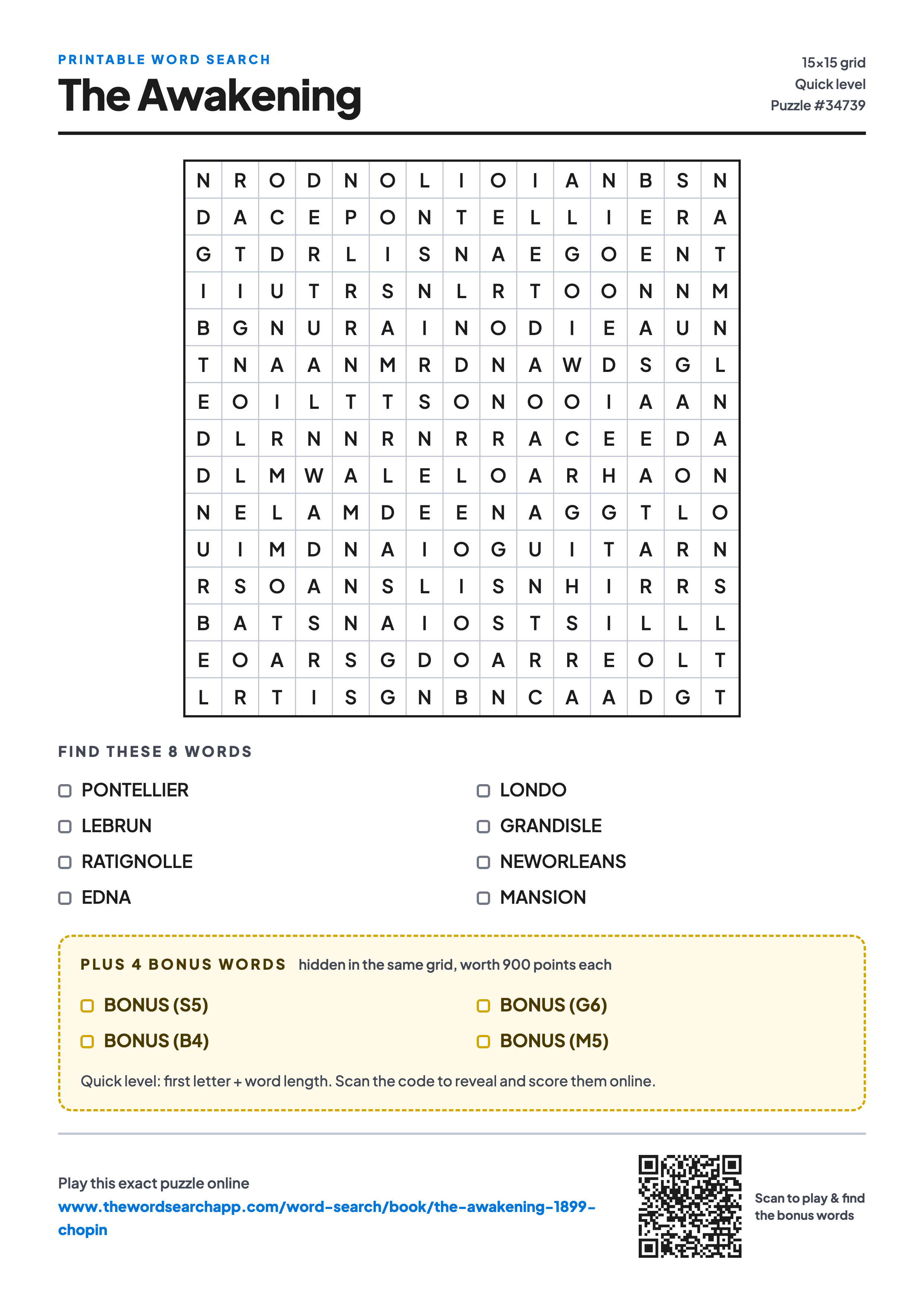 Printable The Awakening word search — 15×15 letter grid with 8 words to find including PONTELLIER, LEBRUN, RATIGNOLLE, plus 4 hidden bonus words