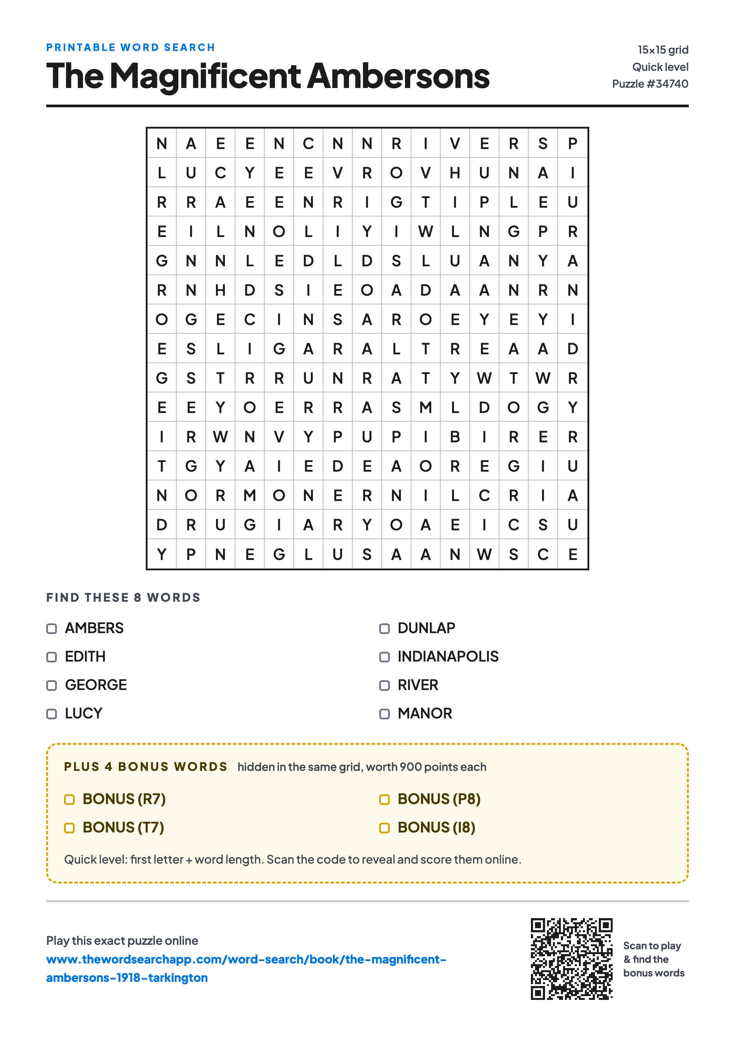 Printable The Magnificent Ambersons word search — 15×15 letter grid with 8 words to find including AMBERS, EDITH, GEORGE, plus 4 hidden bonus words