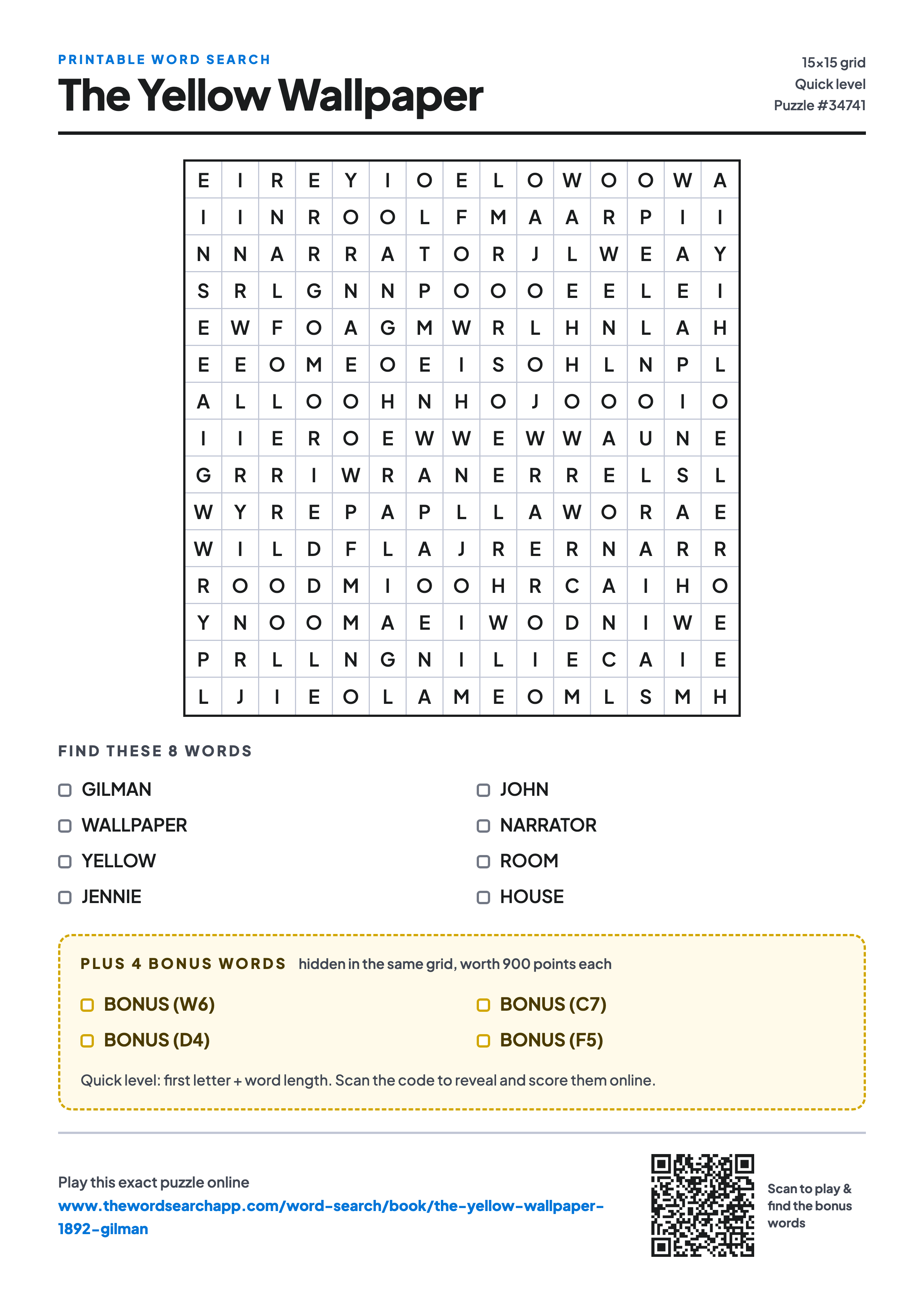 Printable The Yellow Wallpaper word search — 15×15 letter grid with 8 words to find including GILMAN, WALLPAPER, YELLOW, plus 4 hidden bonus words