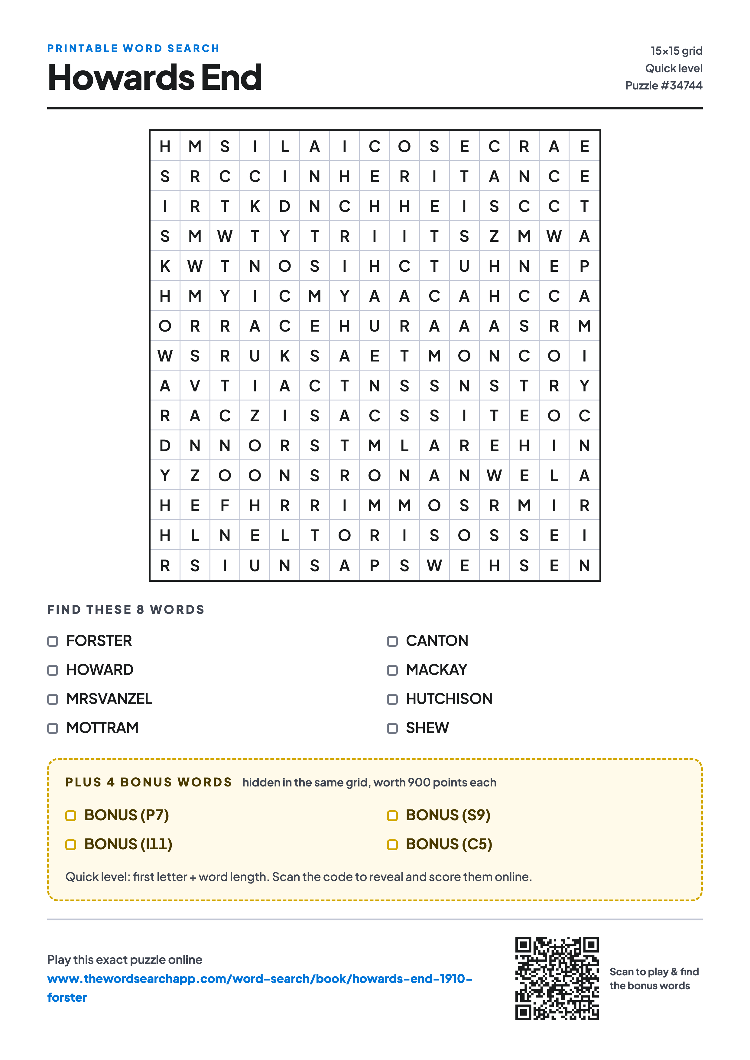 Printable Howards End word search — 15×15 letter grid with 8 words to find including FORSTER, HOWARD, MRSVANZEL, plus 4 hidden bonus words