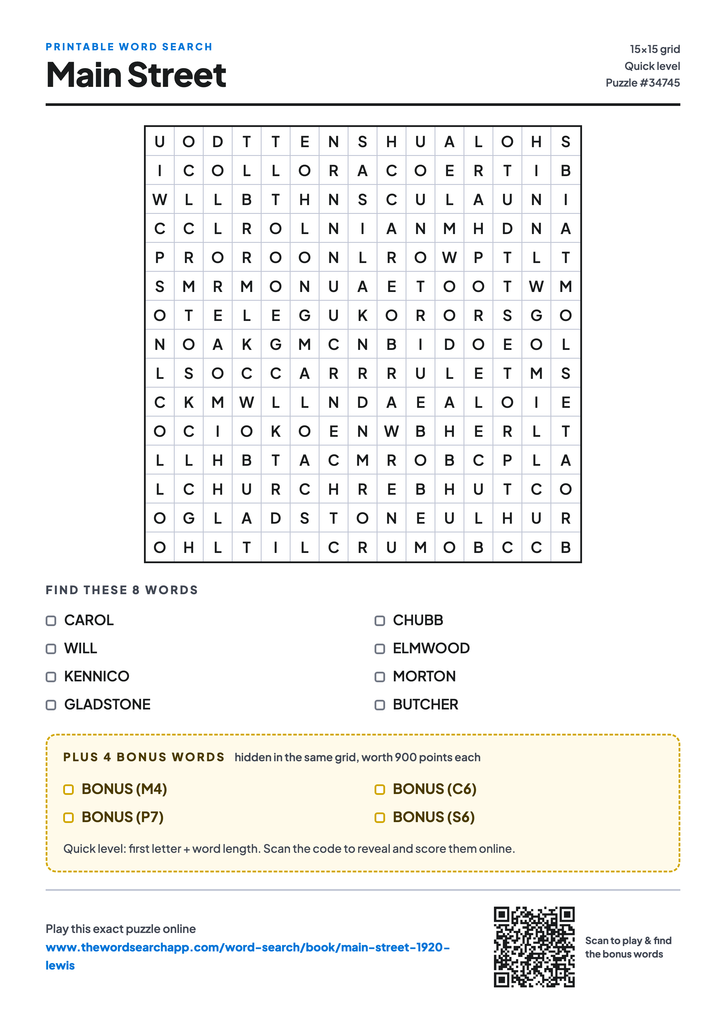 Printable Main Street word search — 15×15 letter grid with 8 words to find including CAROL, WILL, KENNICO, plus 4 hidden bonus words