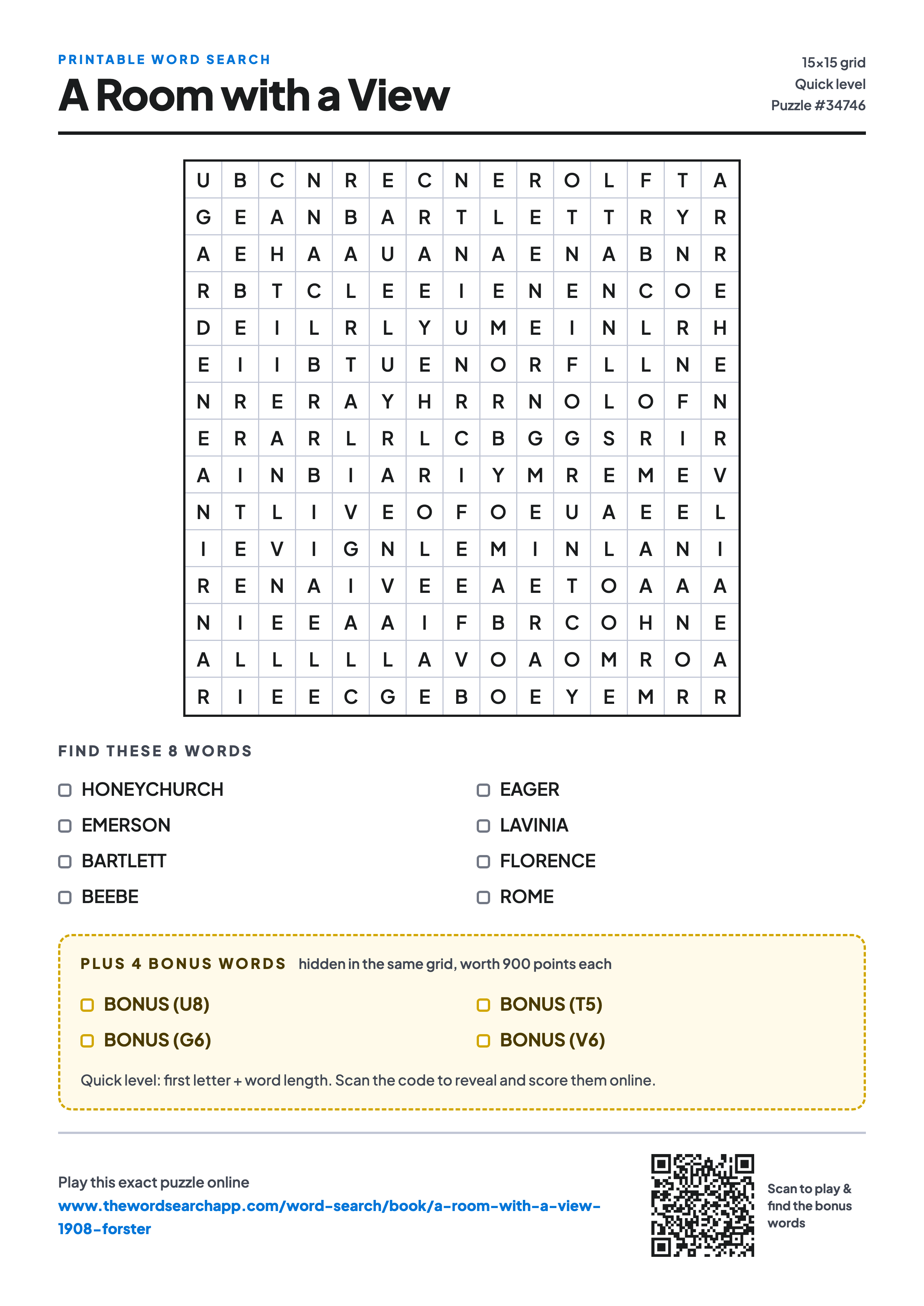 Printable A Room with a View word search — 15×15 letter grid with 8 words to find including HONEYCHURCH, EMERSON, BARTLETT, plus 4 hidden bonus words