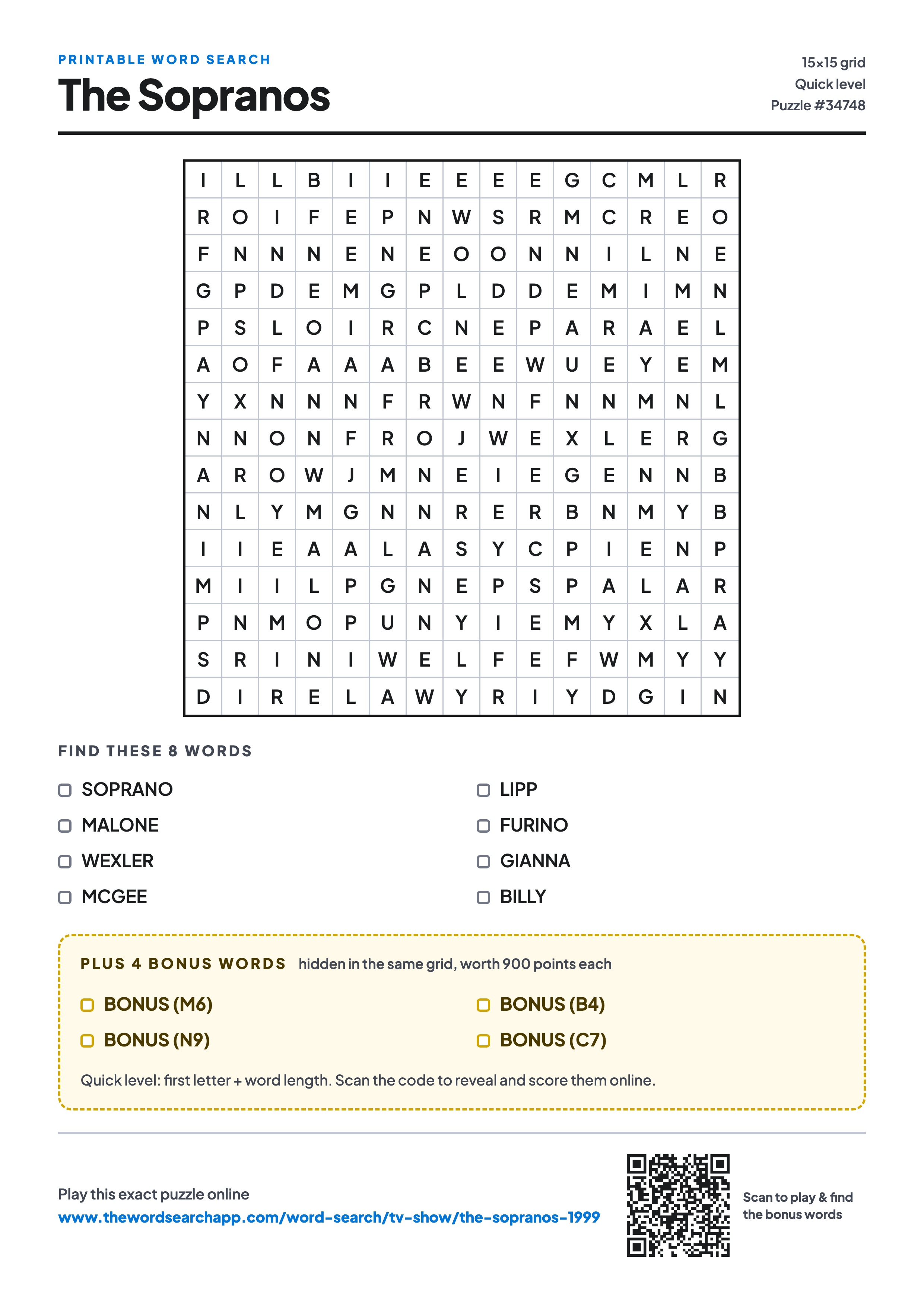 Printable The Sopranos word search — 15×15 letter grid with 8 words to find including SOPRANO, MALONE, WEXLER, plus 4 hidden bonus words