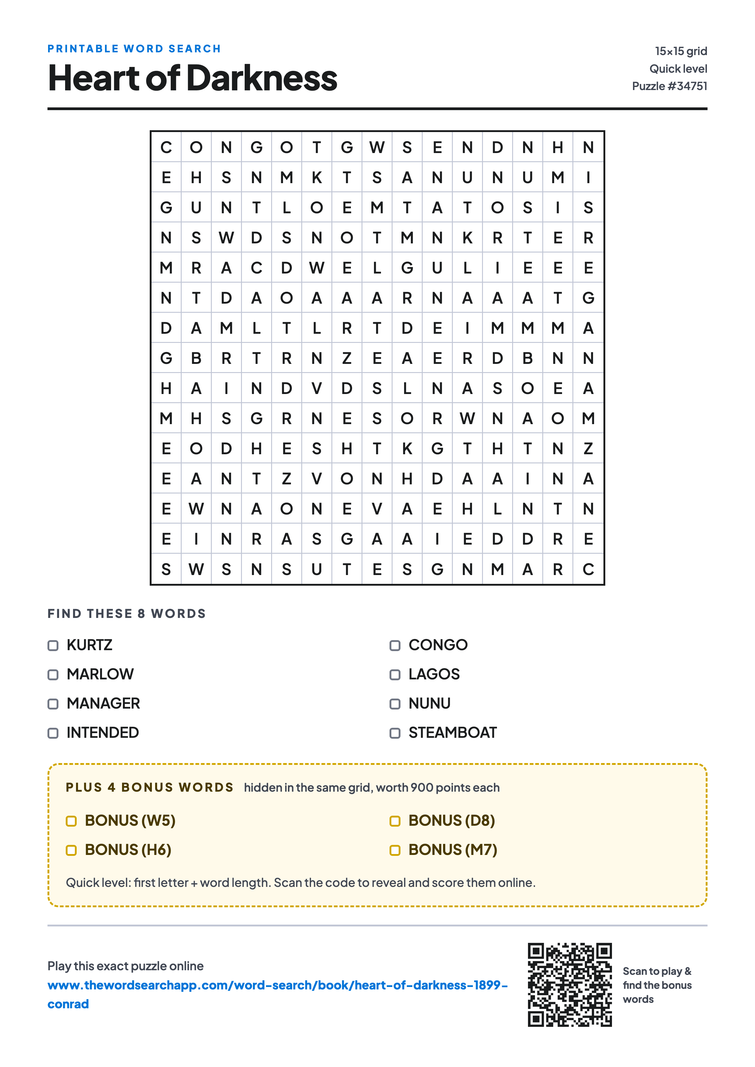 Printable Heart of Darkness word search — 15×15 letter grid with 8 words to find including KURTZ, MARLOW, MANAGER, plus 4 hidden bonus words