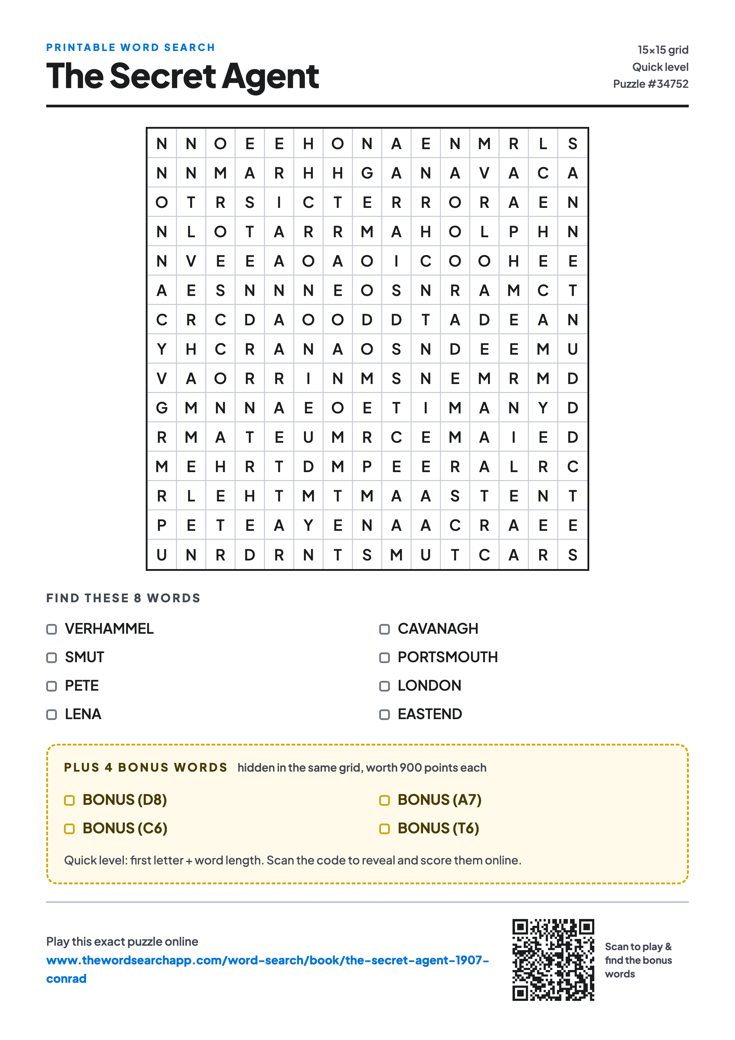 Printable The Secret Agent word search — 15×15 letter grid with 8 words to find including VERHAMMEL, SMUT, PETE, plus 4 hidden bonus words