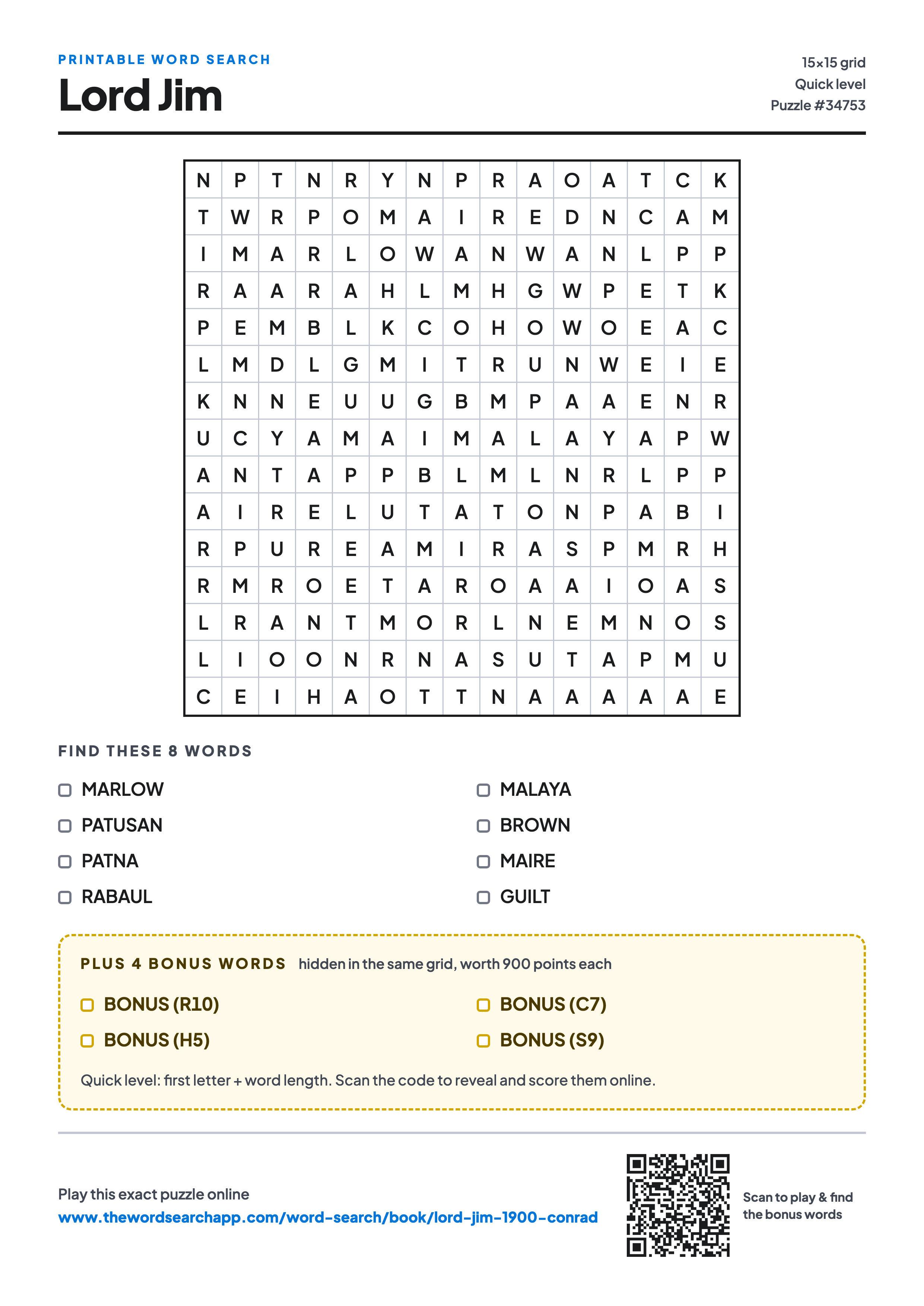 Printable Lord Jim word search — 15×15 letter grid with 8 words to find including MARLOW, PATUSAN, PATNA, plus 4 hidden bonus words