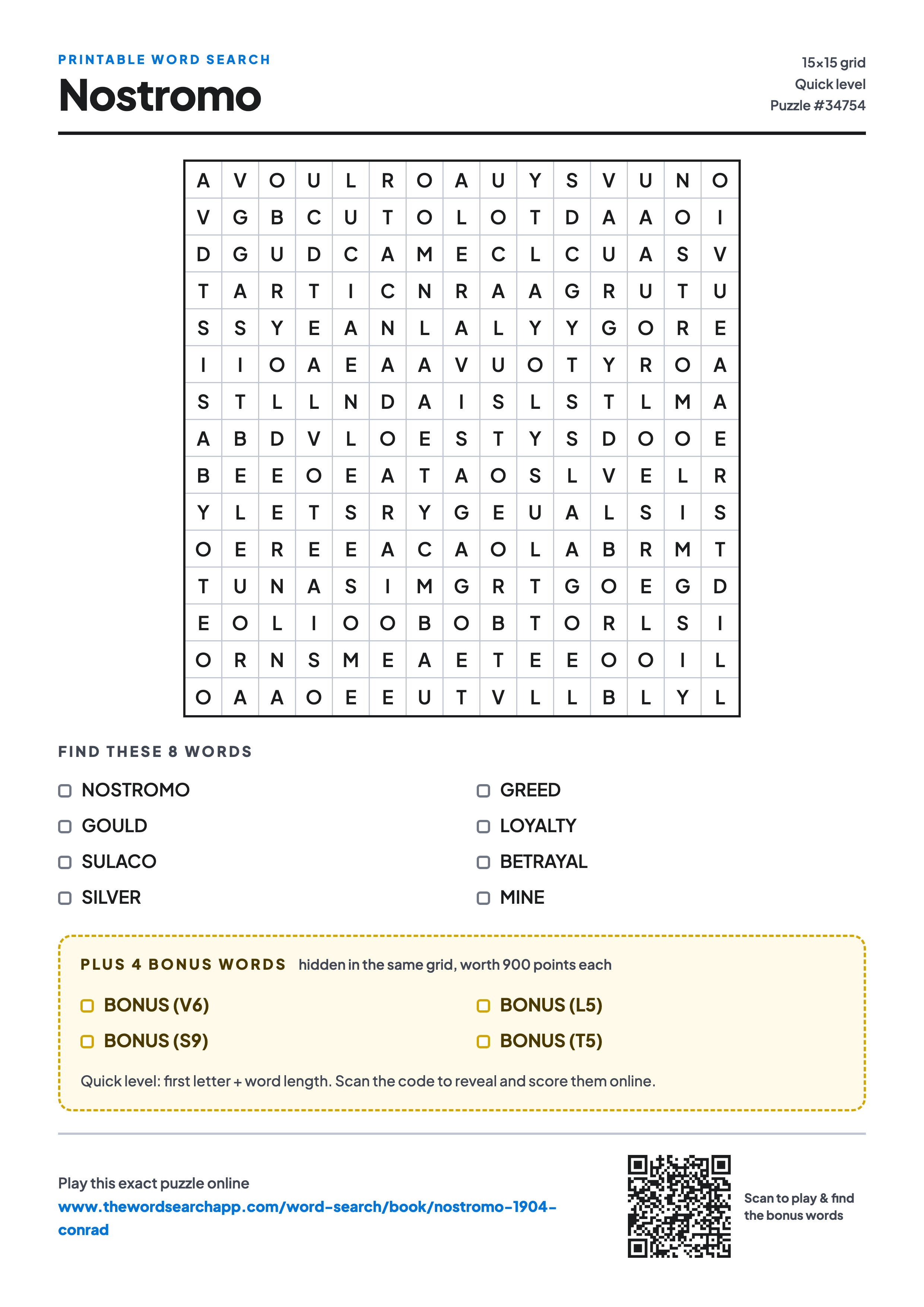 Printable Nostromo word search — 15×15 letter grid with 8 words to find including NOSTROMO, GOULD, SULACO, plus 4 hidden bonus words