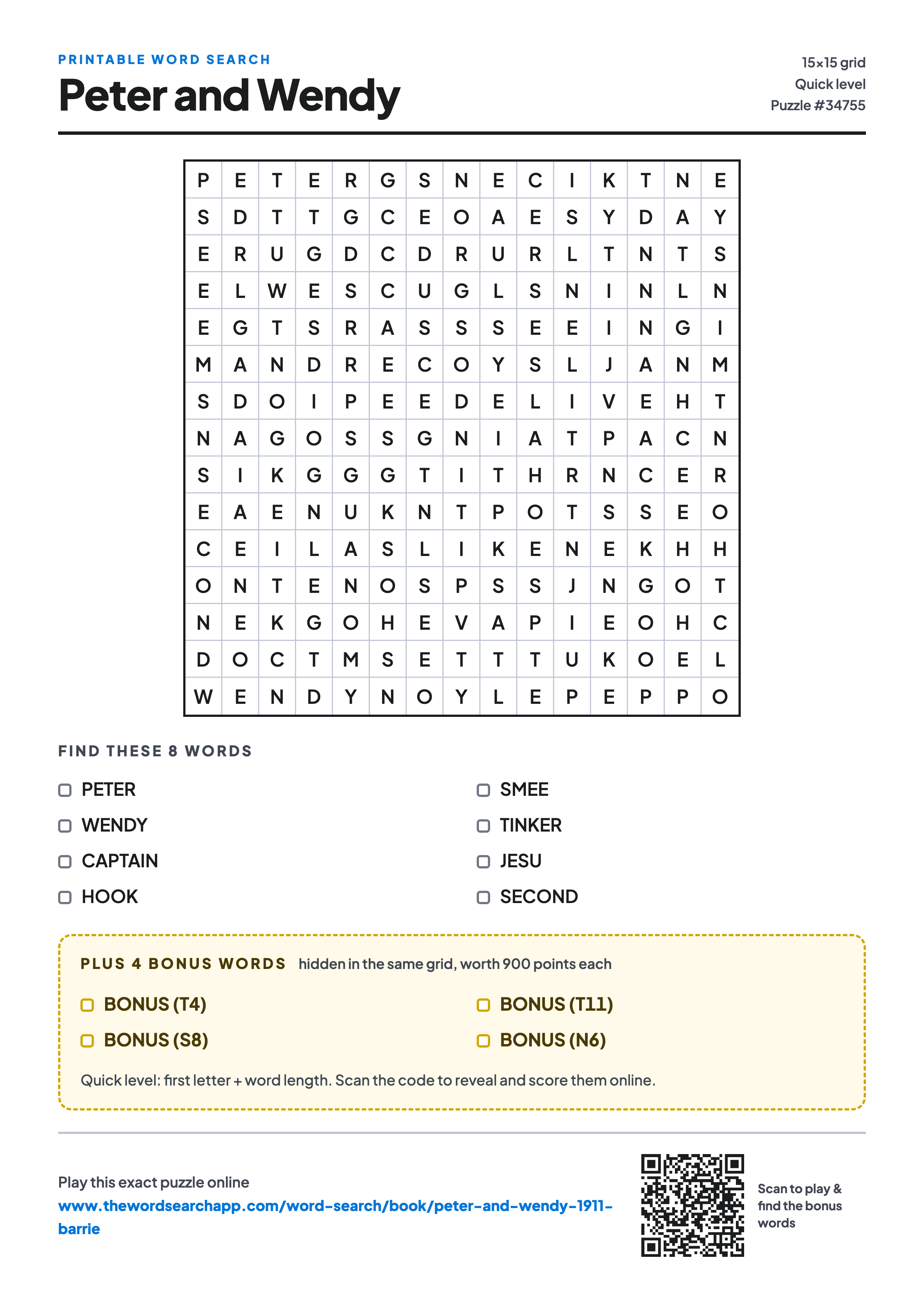 Printable Peter and Wendy word search — 15×15 letter grid with 8 words to find including PETER, WENDY, CAPTAIN, plus 4 hidden bonus words