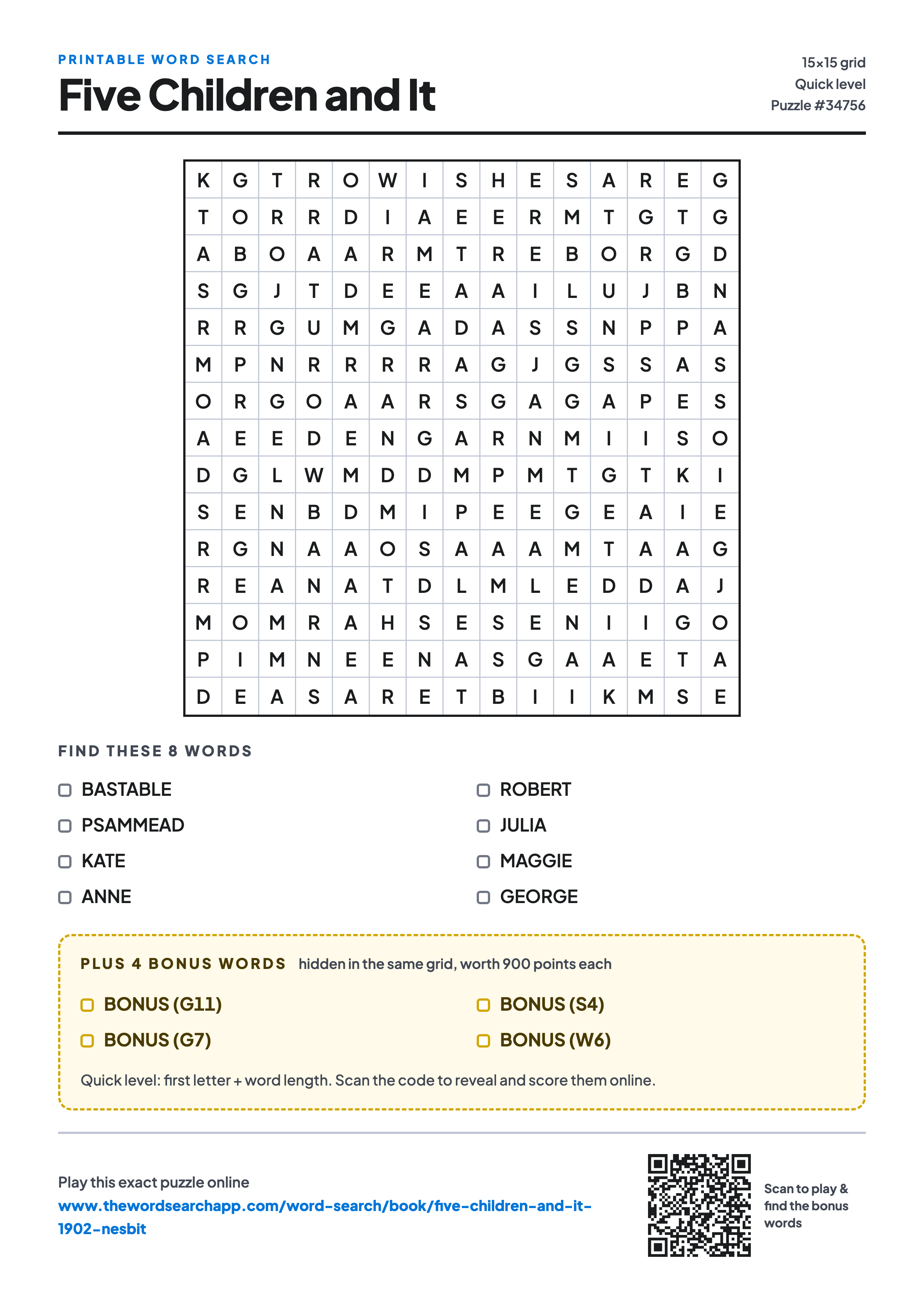 Printable Five Children and It word search — 15×15 letter grid with 8 words to find including BASTABLE, PSAMMEAD, KATE, plus 4 hidden bonus words