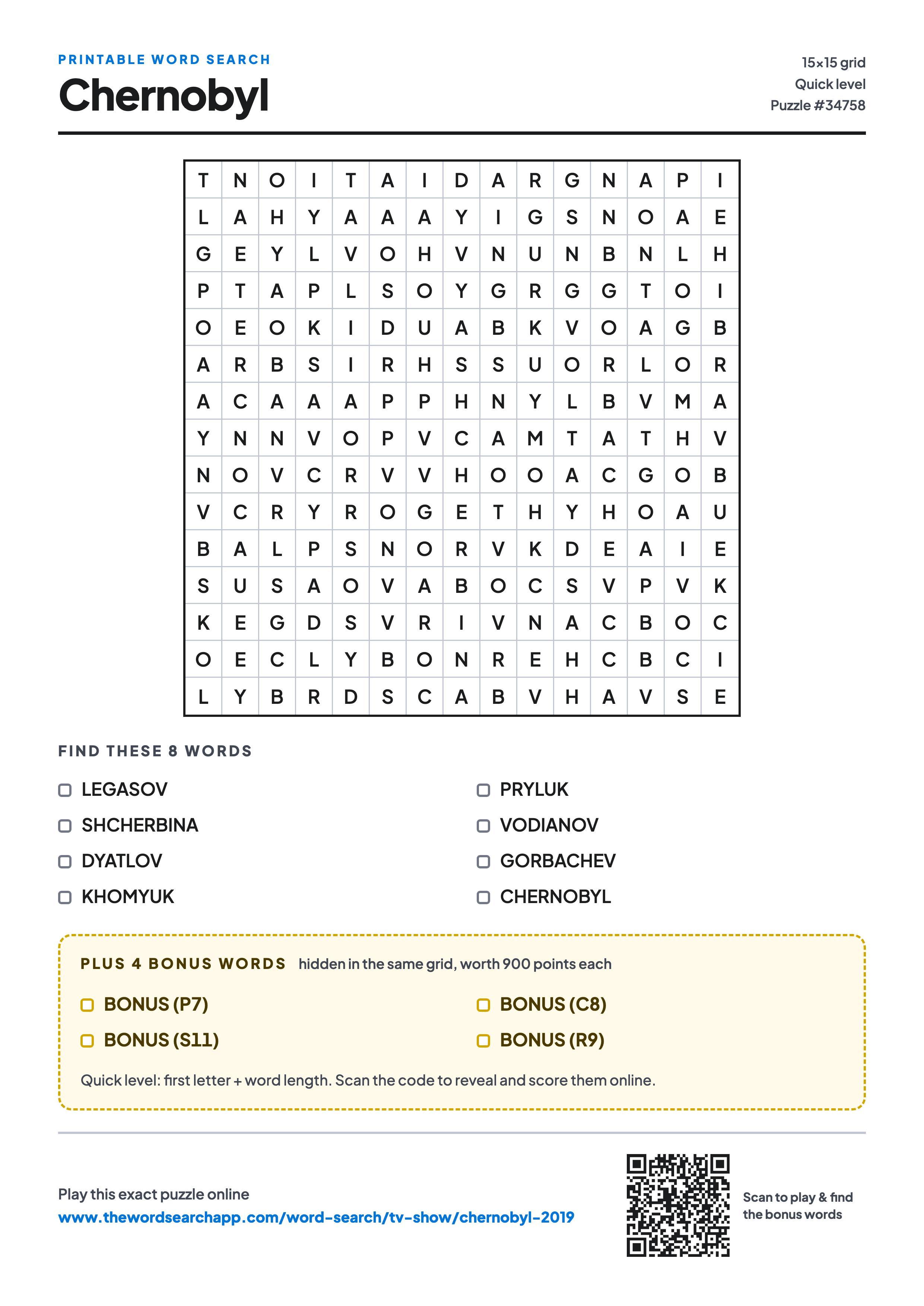 Printable Chernobyl word search — 15×15 letter grid with 8 words to find including LEGASOV, SHCHERBINA, DYATLOV, plus 4 hidden bonus words