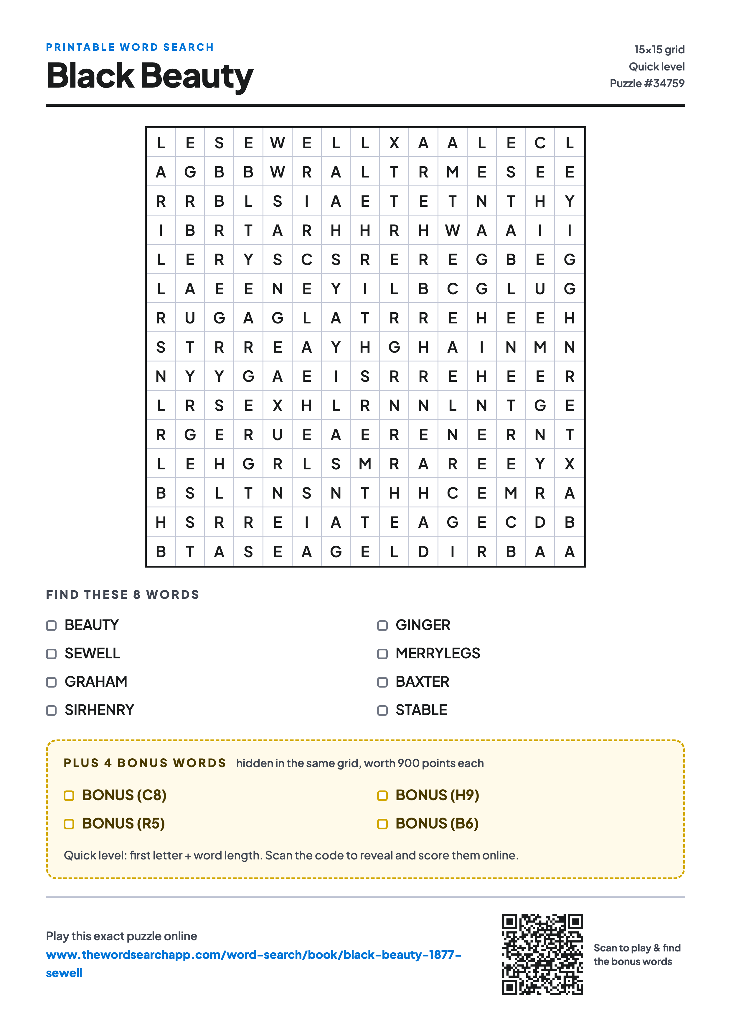 Printable Black Beauty word search — 15×15 letter grid with 8 words to find including BEAUTY, SEWELL, GRAHAM, plus 4 hidden bonus words