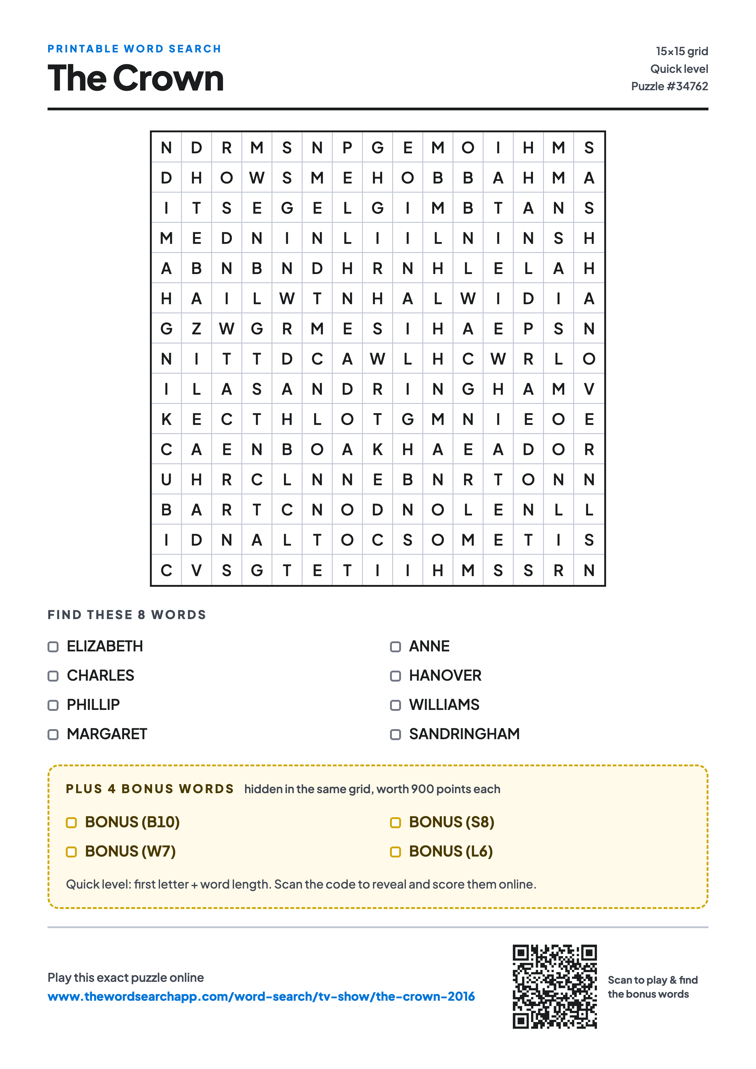 Printable The Crown word search — 15×15 letter grid with 8 words to find including ELIZABETH, CHARLES, PHILLIP, plus 4 hidden bonus words