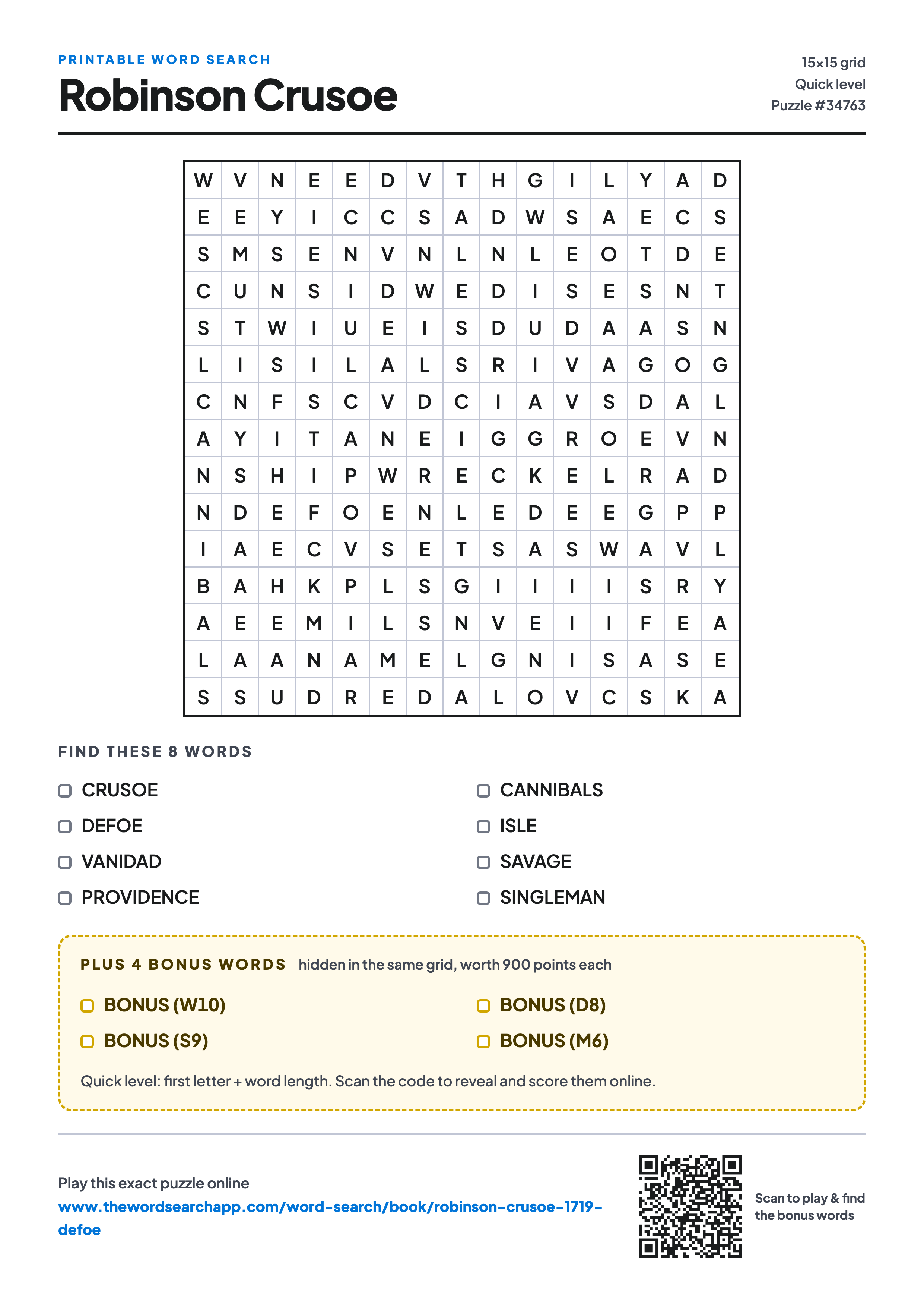 Printable Robinson Crusoe word search — 15×15 letter grid with 8 words to find including CRUSOE, DEFOE, VANIDAD, plus 4 hidden bonus words