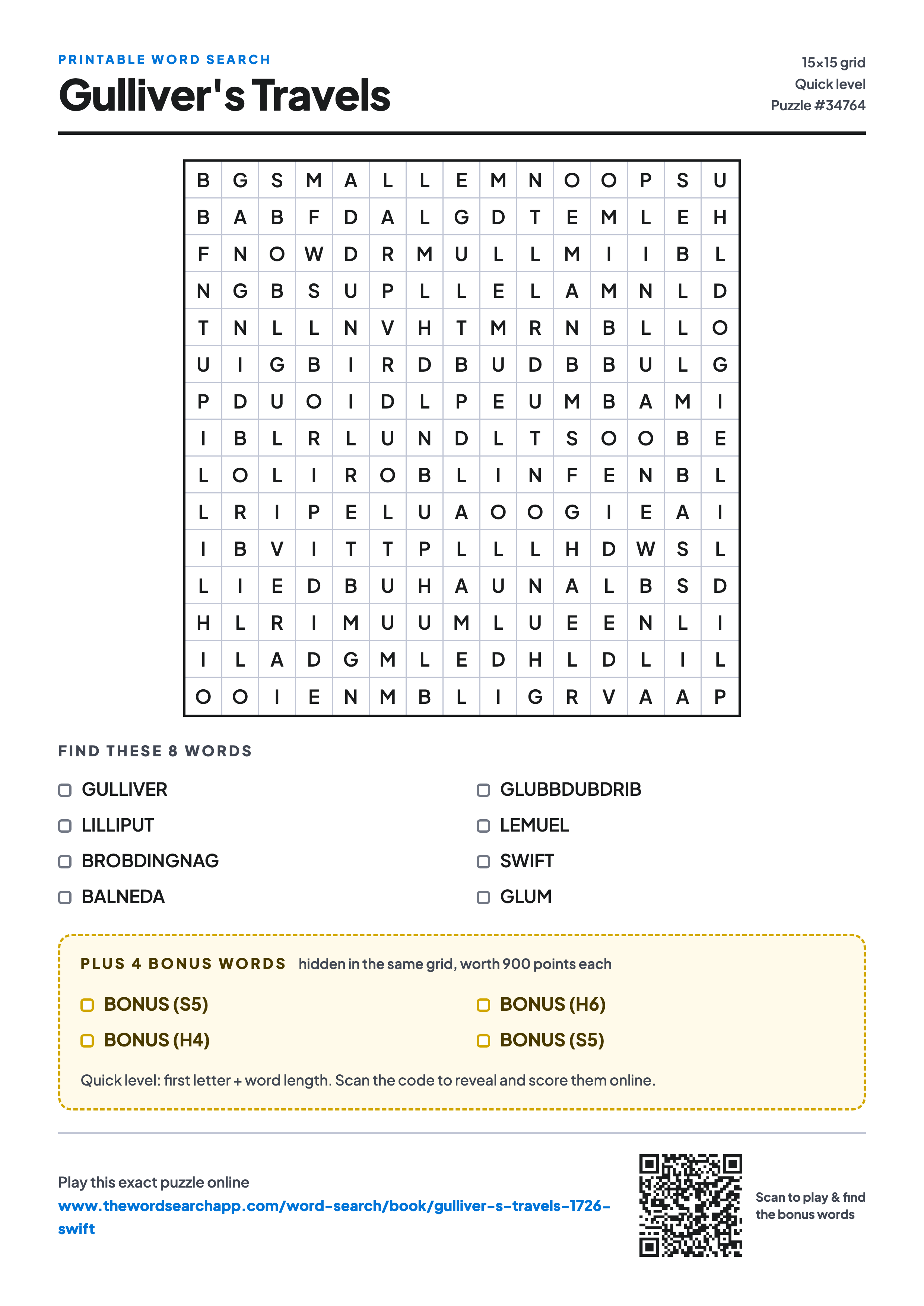 Printable Gulliver's Travels word search — 15×15 letter grid with 8 words to find including GULLIVER, LILLIPUT, BROBDINGNAG, plus 4 hidden bonus words