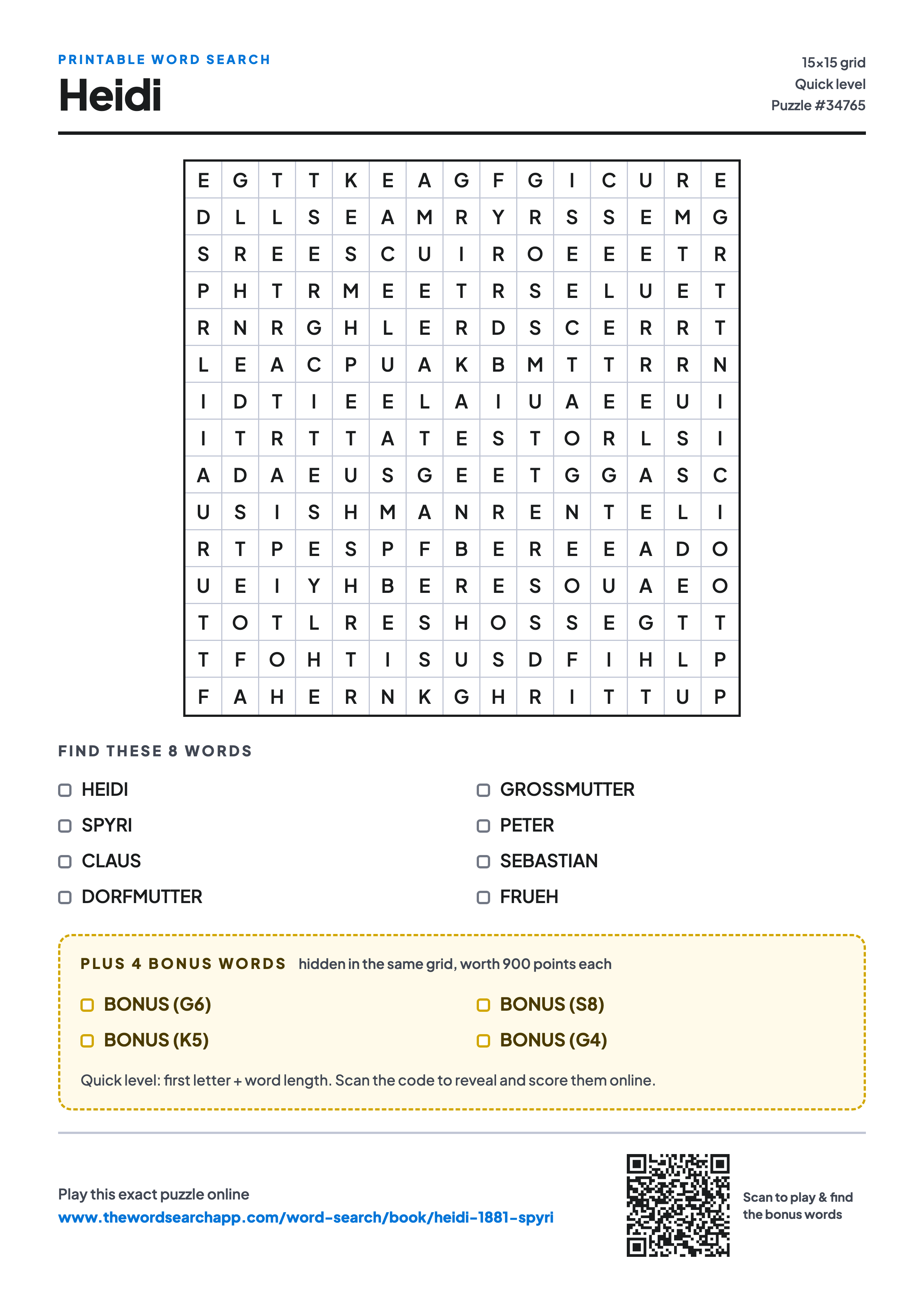 Printable Heidi word search — 15×15 letter grid with 8 words to find including HEIDI, SPYRI, CLAUS, plus 4 hidden bonus words