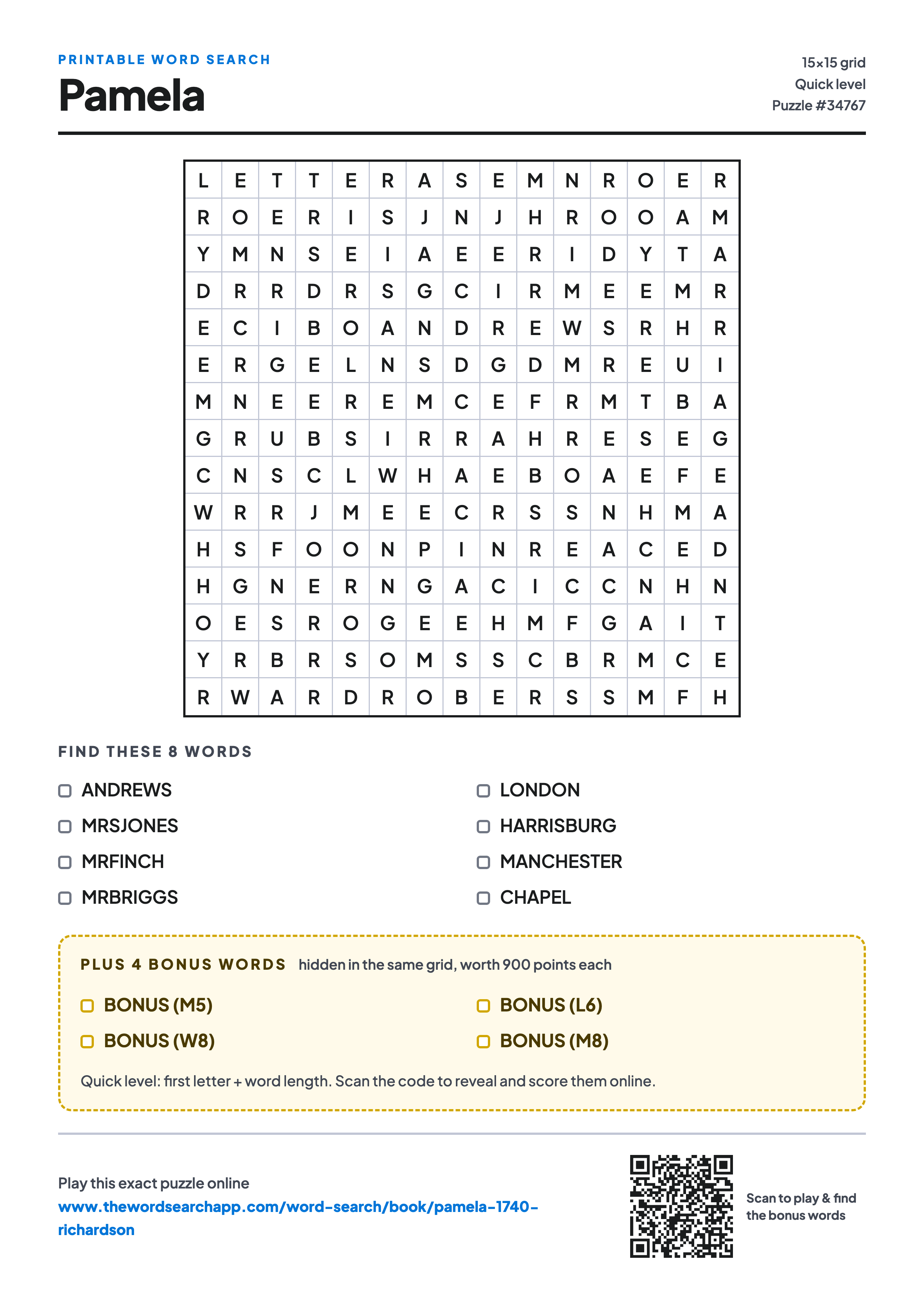 Printable Pamela word search — 15×15 letter grid with 8 words to find including ANDREWS, MRSJONES, MRFINCH, plus 4 hidden bonus words