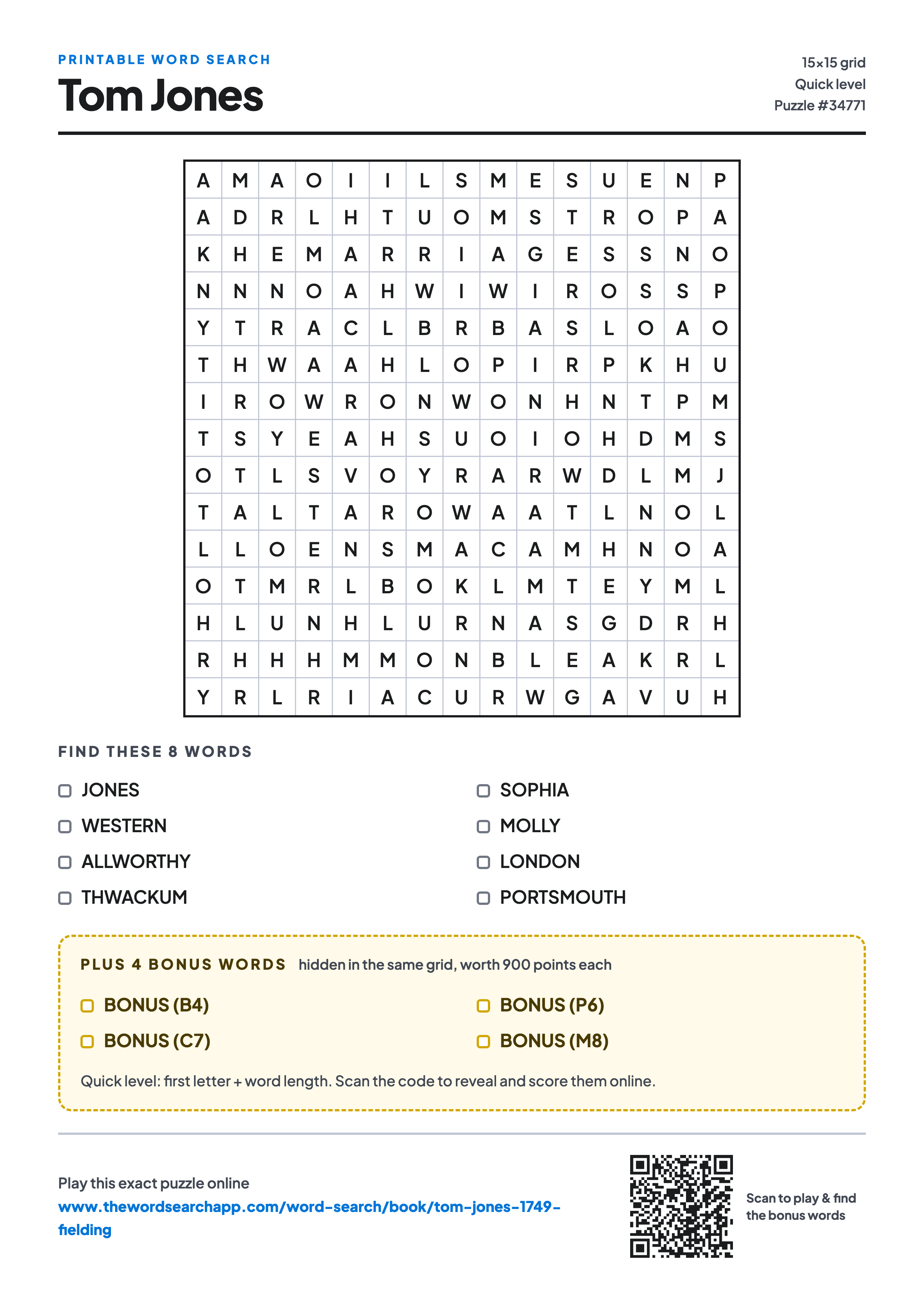 Printable Tom Jones word search — 15×15 letter grid with 8 words to find including JONES, WESTERN, ALLWORTHY, plus 4 hidden bonus words
